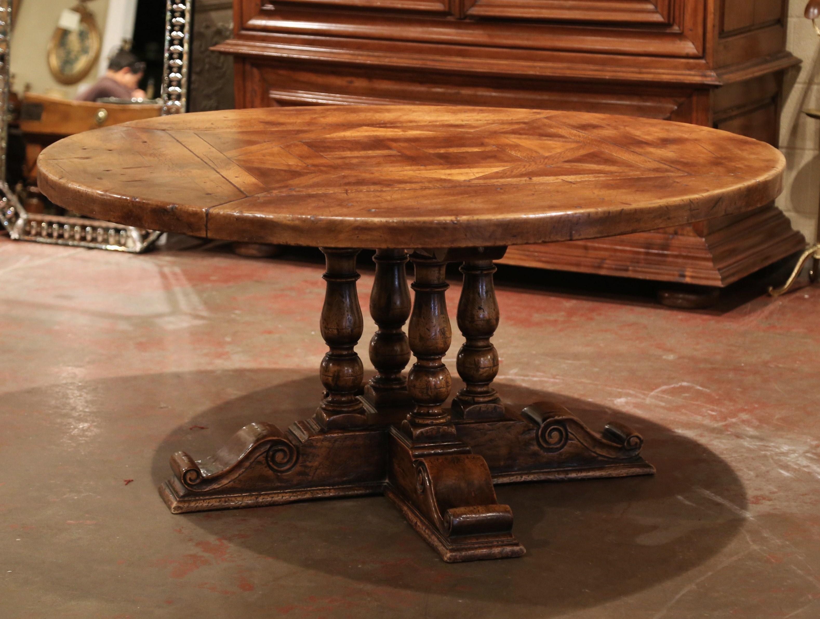 Louis XIII Midcentury French Carved Walnut Pedestal Round Dining Table with Parquetry Top