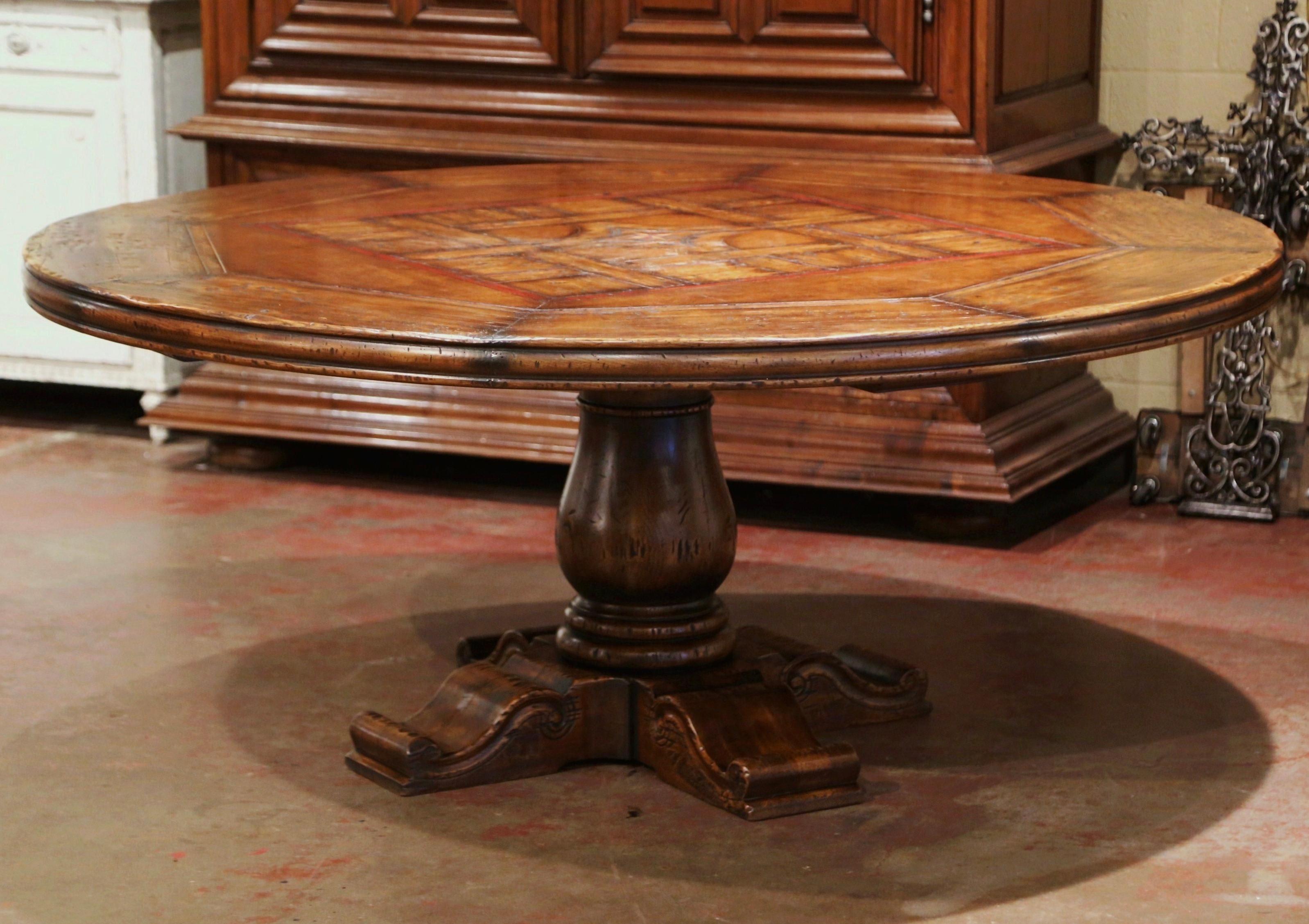 Hand-Carved Mid-Century French Carved Walnut Pedestal Round Dining Table with Parquetry Top
