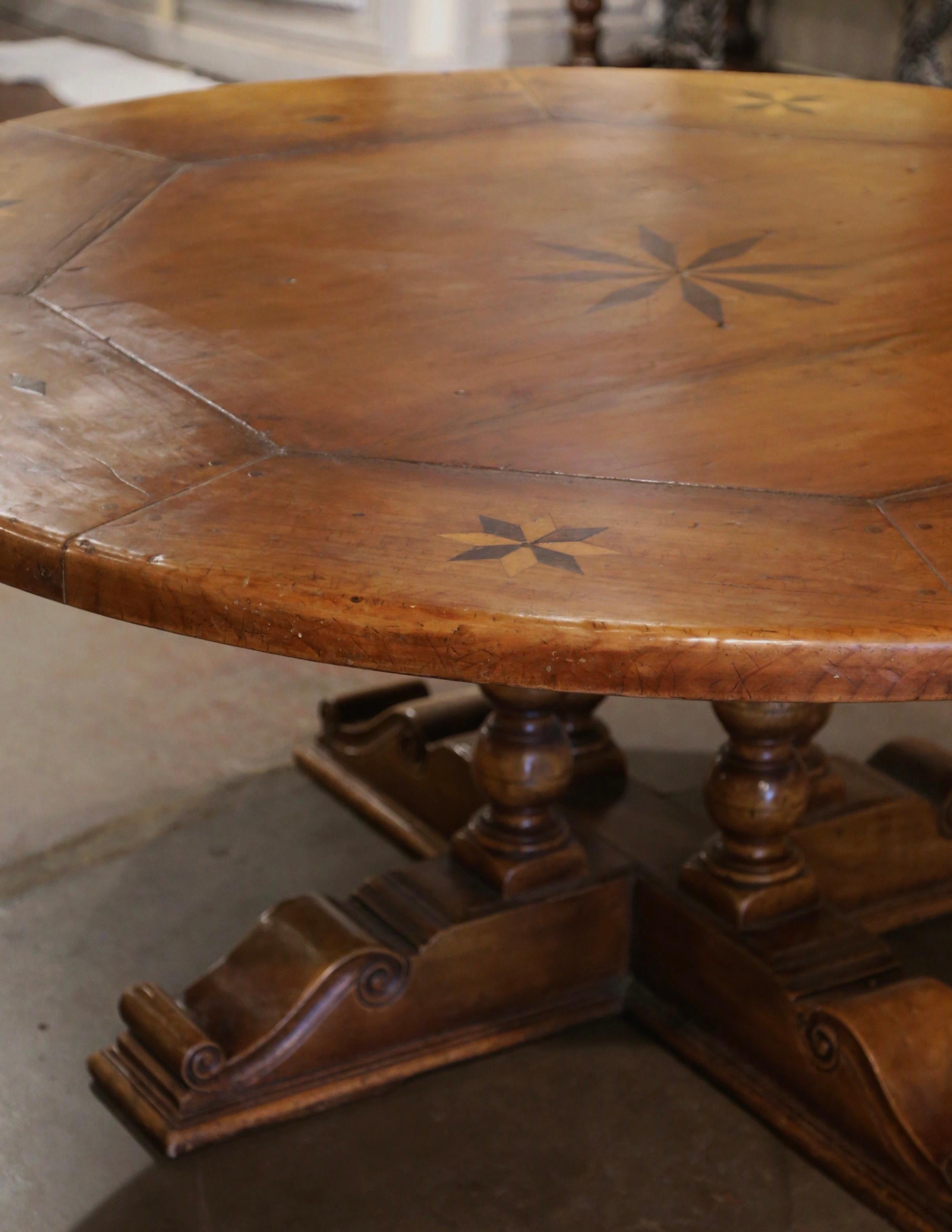 Mid-Century French Carved Walnut Pedestal Round Dining Table with Parquetry Top In Excellent Condition For Sale In Dallas, TX