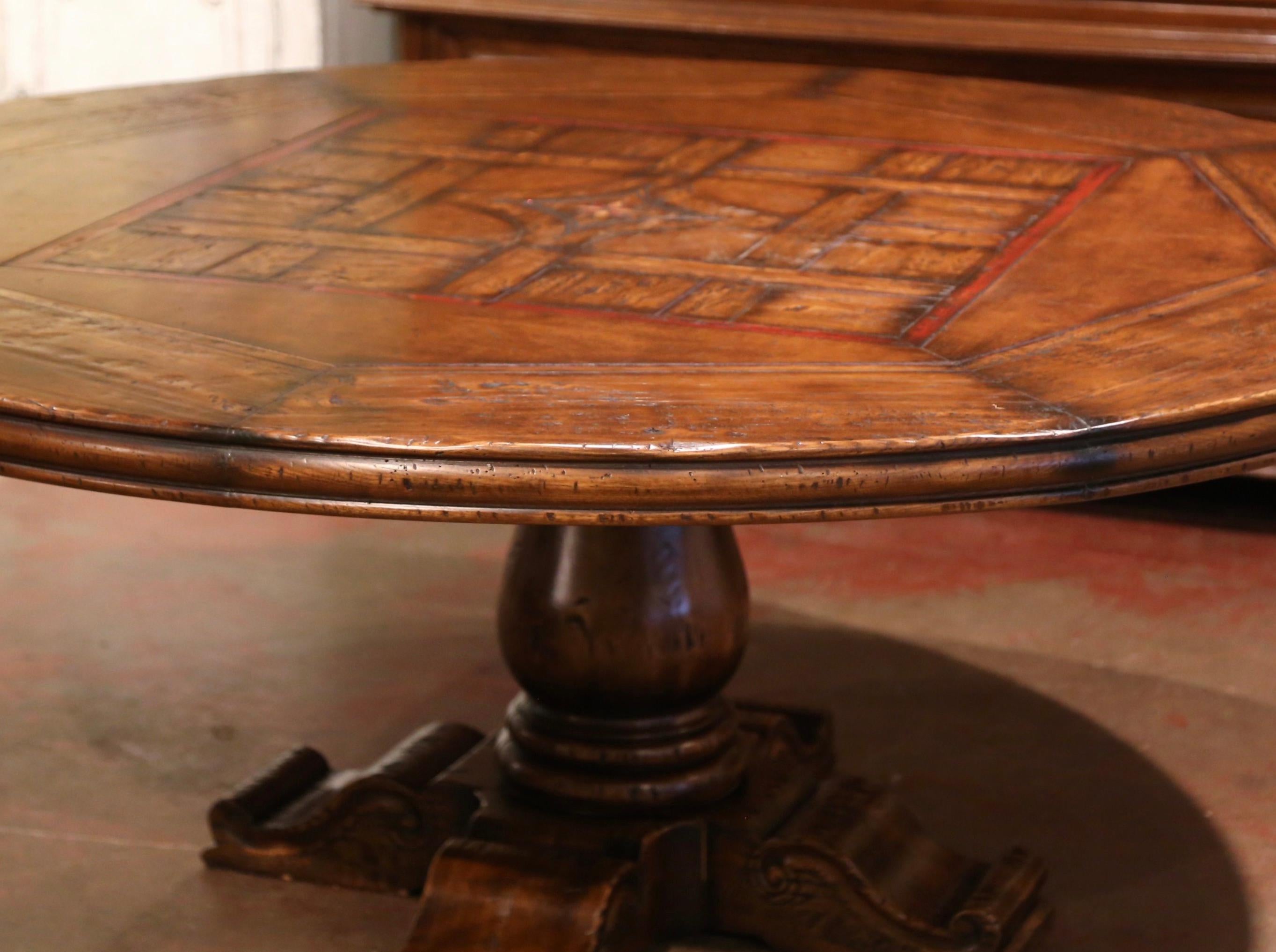 Mid-Century French Carved Walnut Pedestal Round Dining Table with Parquetry Top In Excellent Condition In Dallas, TX