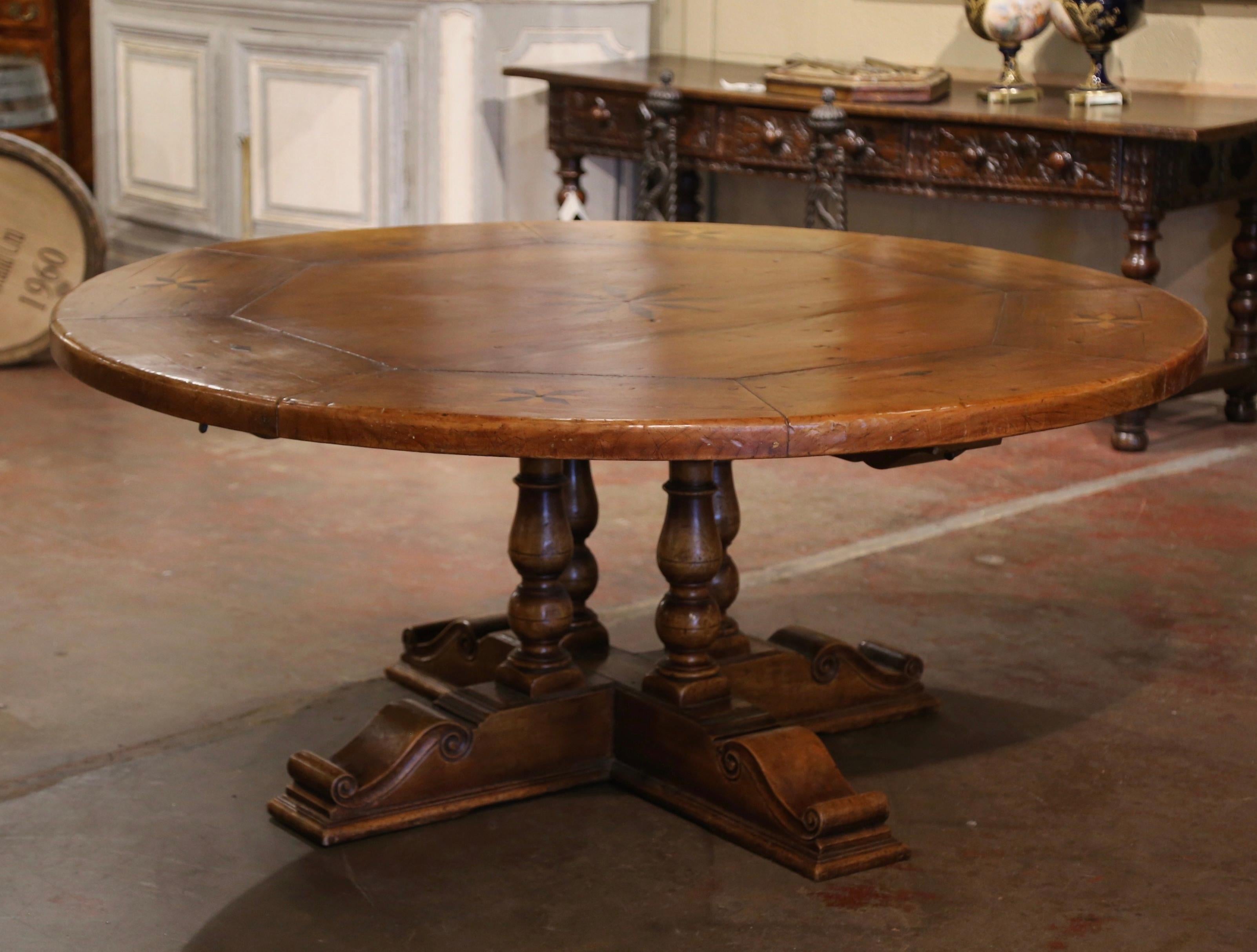 20th Century Mid-Century French Carved Walnut Pedestal Round Dining Table with Parquetry Top For Sale