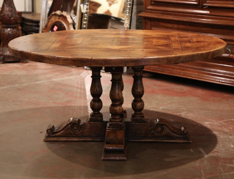 Midcentury French Carved Walnut Pedestal Round Dining Table with