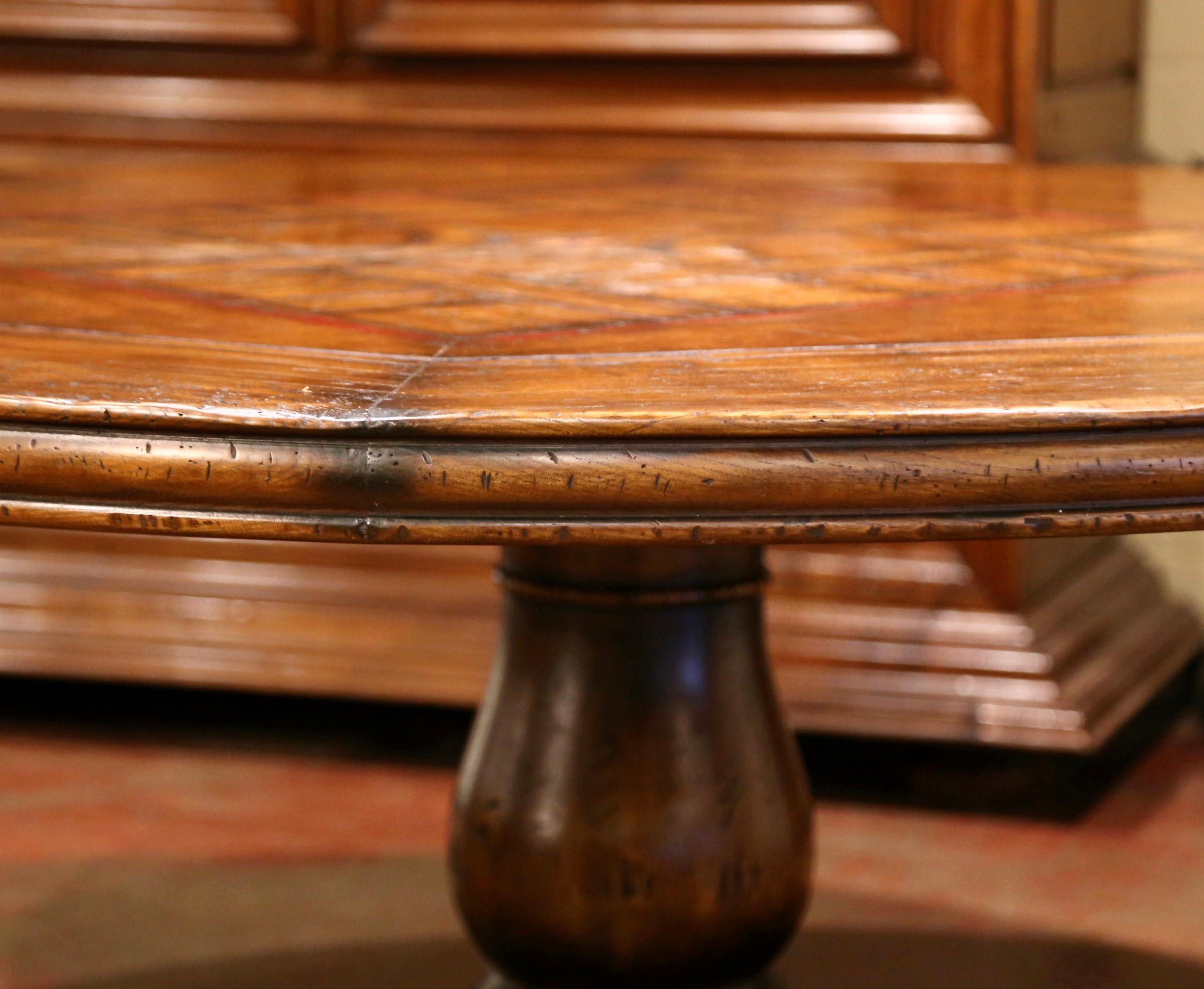 20th Century Mid-Century French Carved Walnut Pedestal Round Dining Table with Parquetry Top