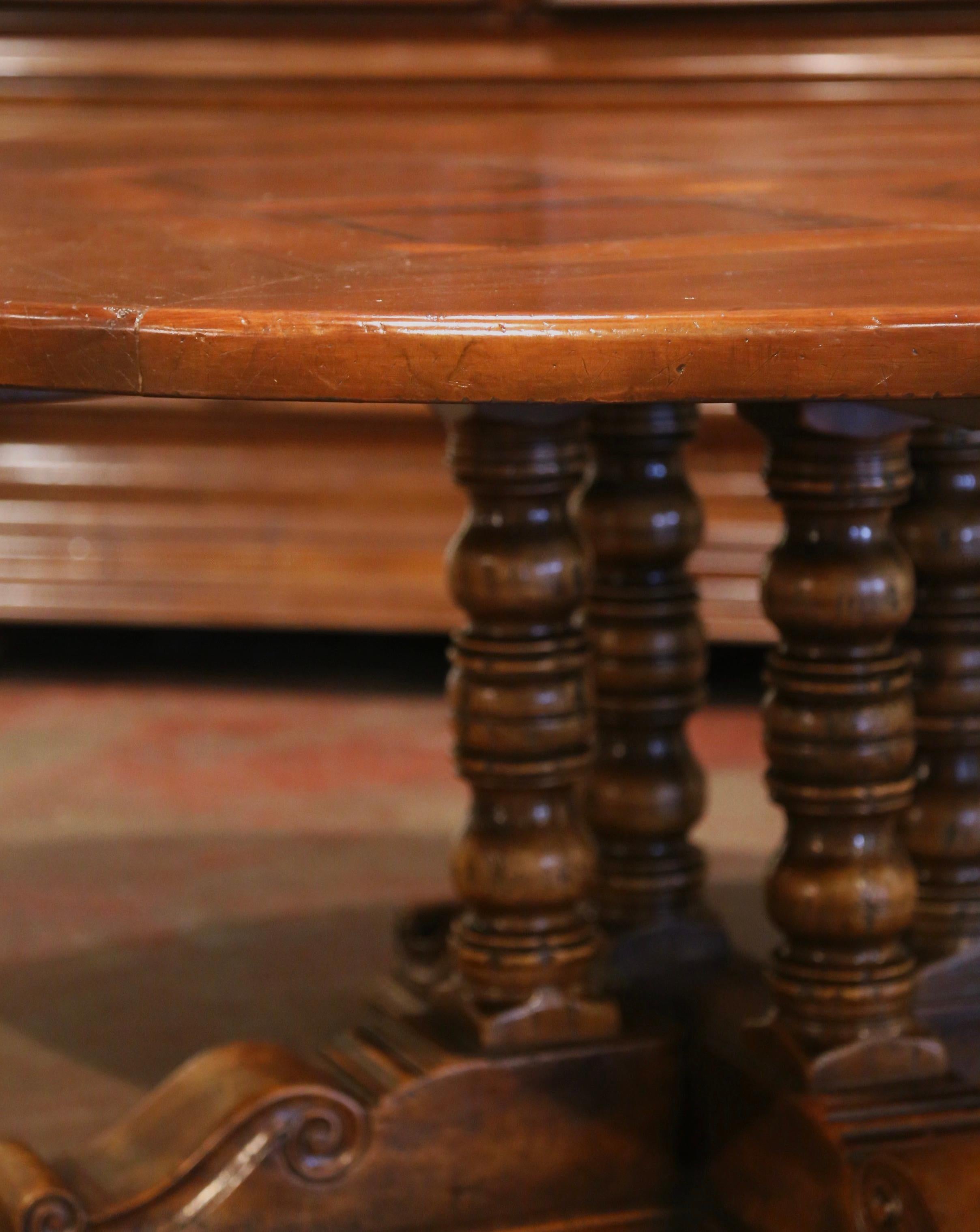 Mid-Century French Carved Walnut Pedestal Round Dining Table with Parquetry Top For Sale 2
