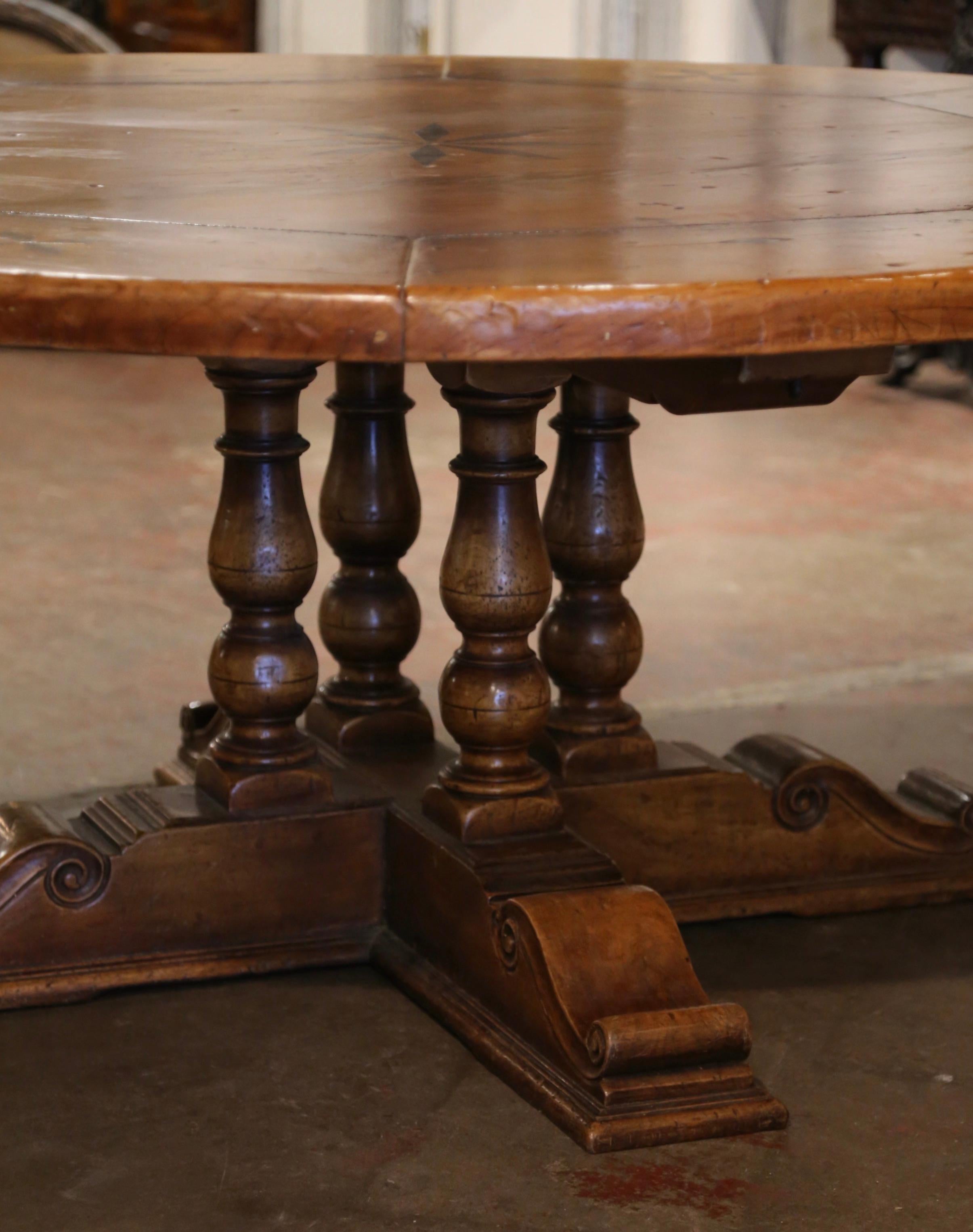 Mid-Century French Carved Walnut Pedestal Round Dining Table with Parquetry Top For Sale 1