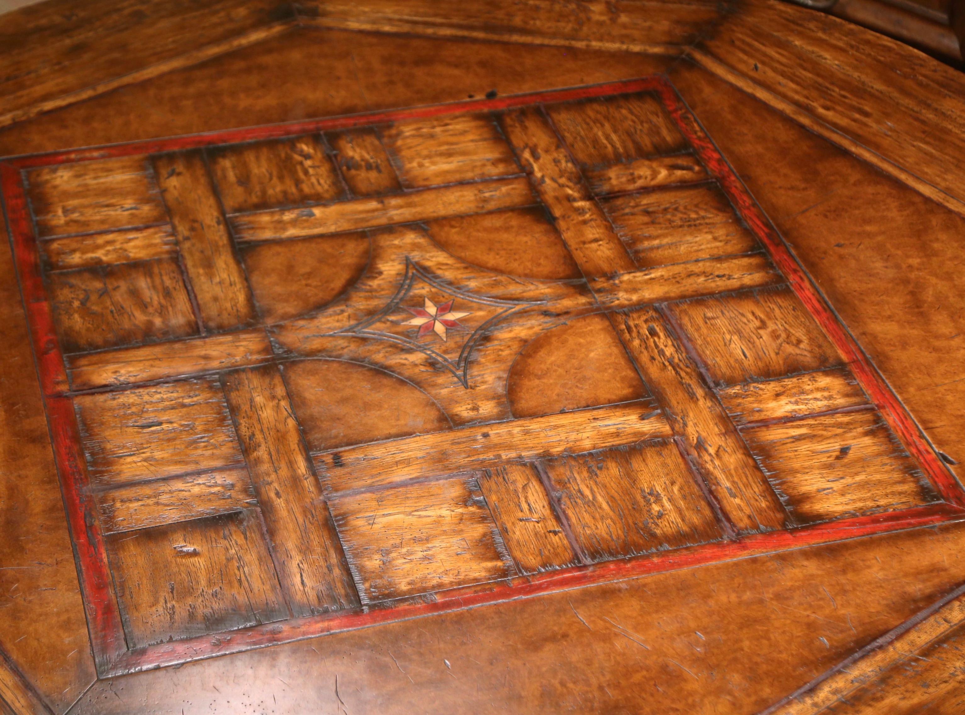 Chestnut Mid-Century French Carved Walnut Pedestal Round Dining Table with Parquetry Top