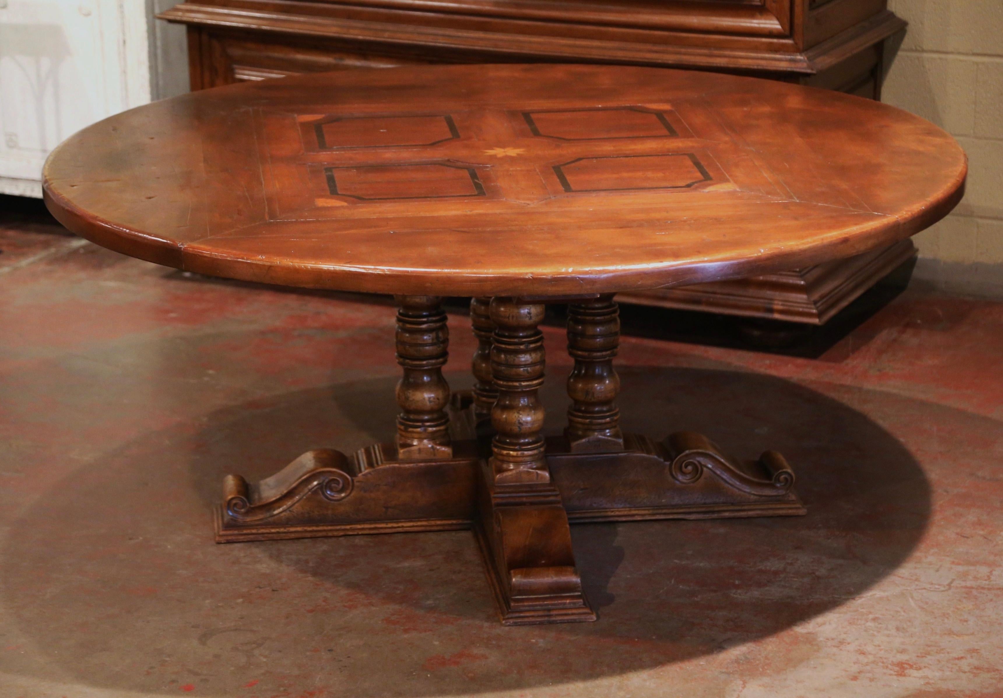Mid-Century French Carved Walnut Pedestal Round Dining Table with Parquetry Top For Sale 3