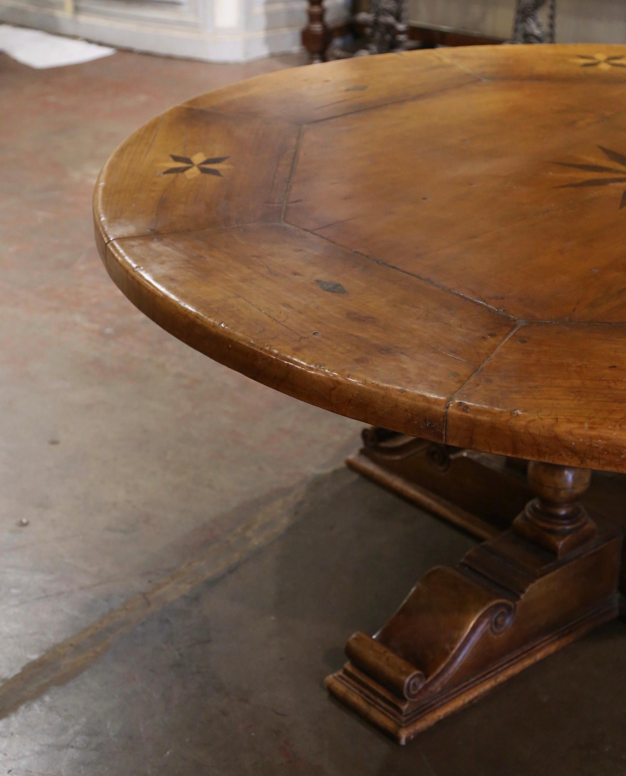 Mid-Century French Carved Walnut Pedestal Round Dining Table with Parquetry Top 2