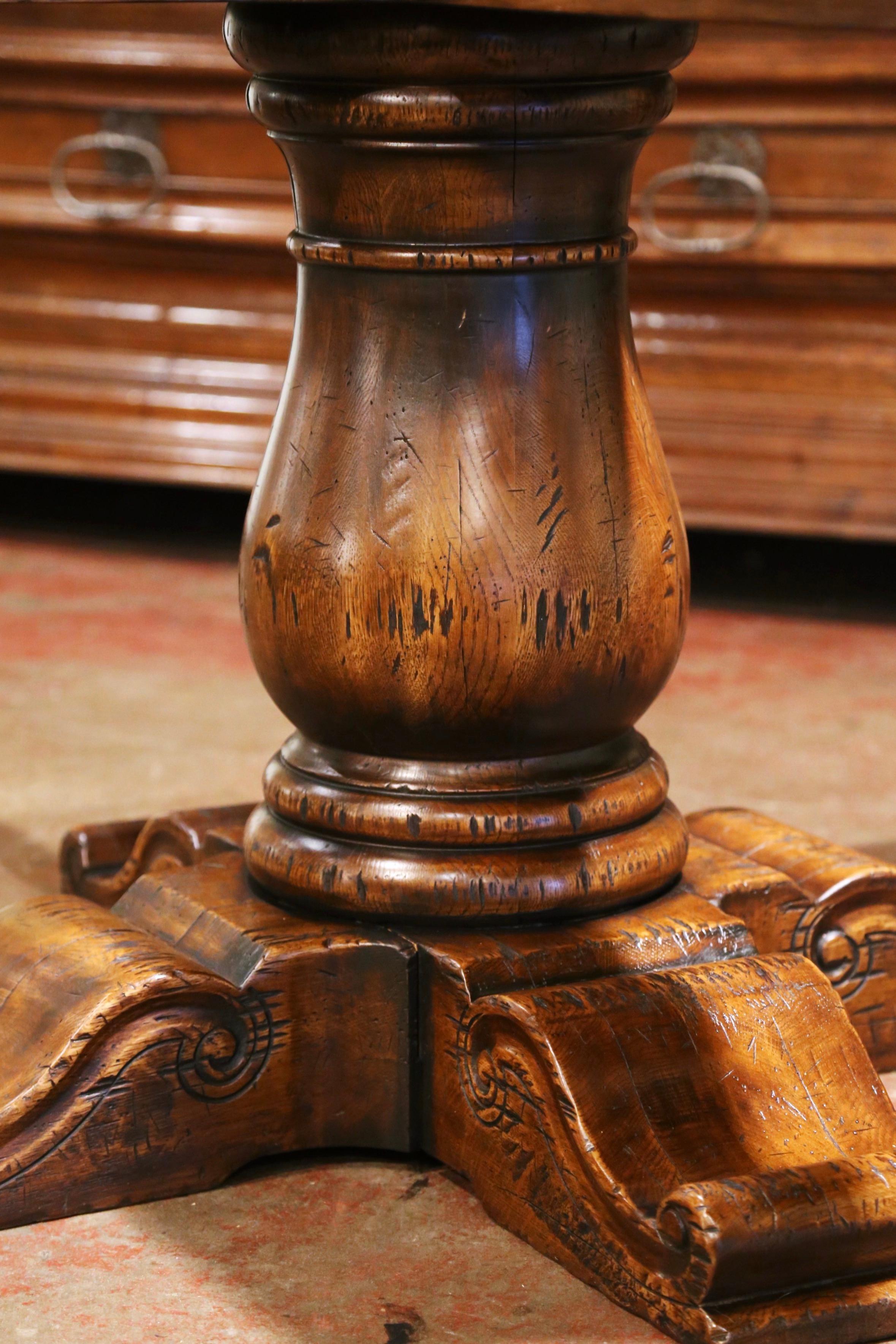 Mid-Century French Carved Walnut Pedestal Round Dining Table with Parquetry Top 1