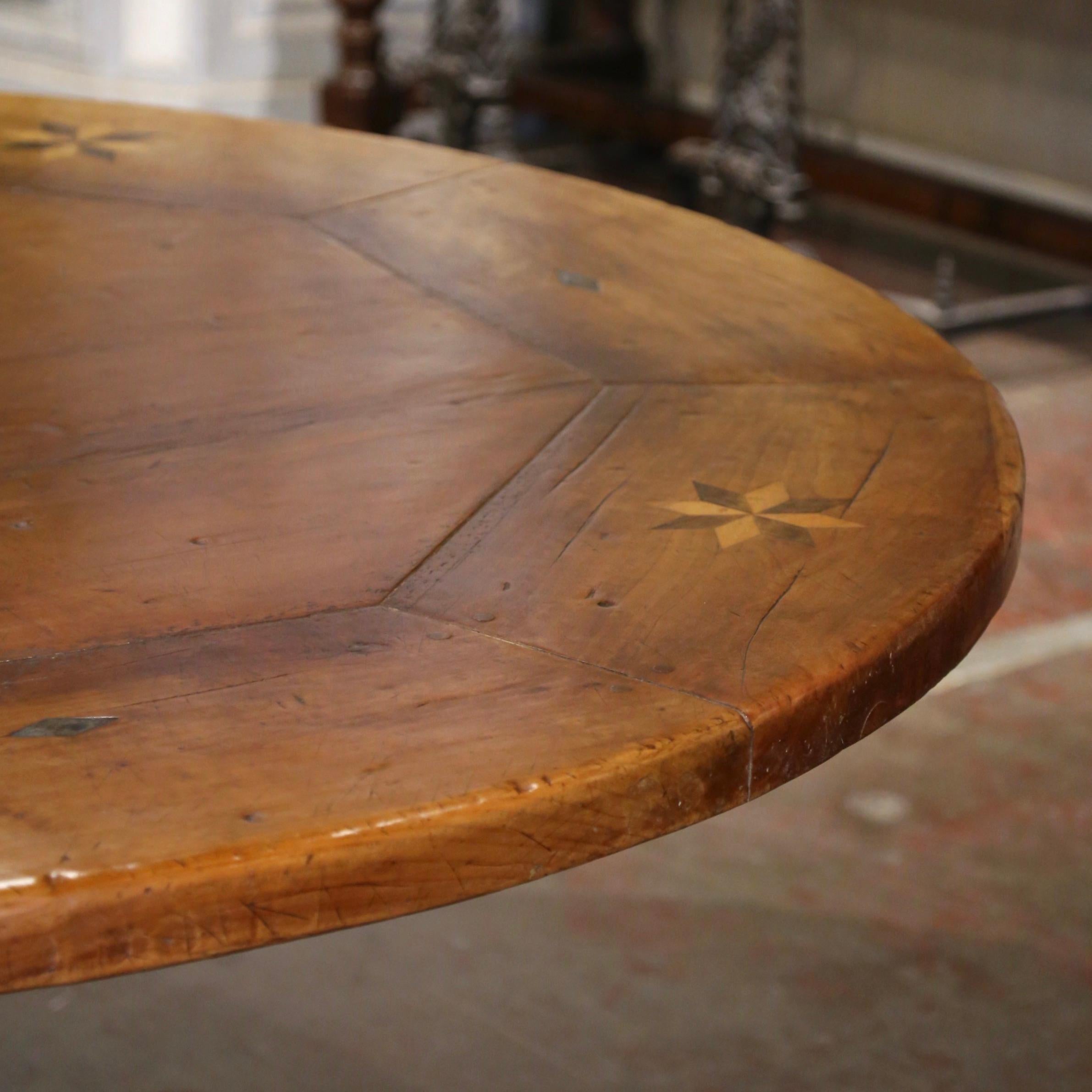 Mid-Century French Carved Walnut Pedestal Round Dining Table with Parquetry Top For Sale 3