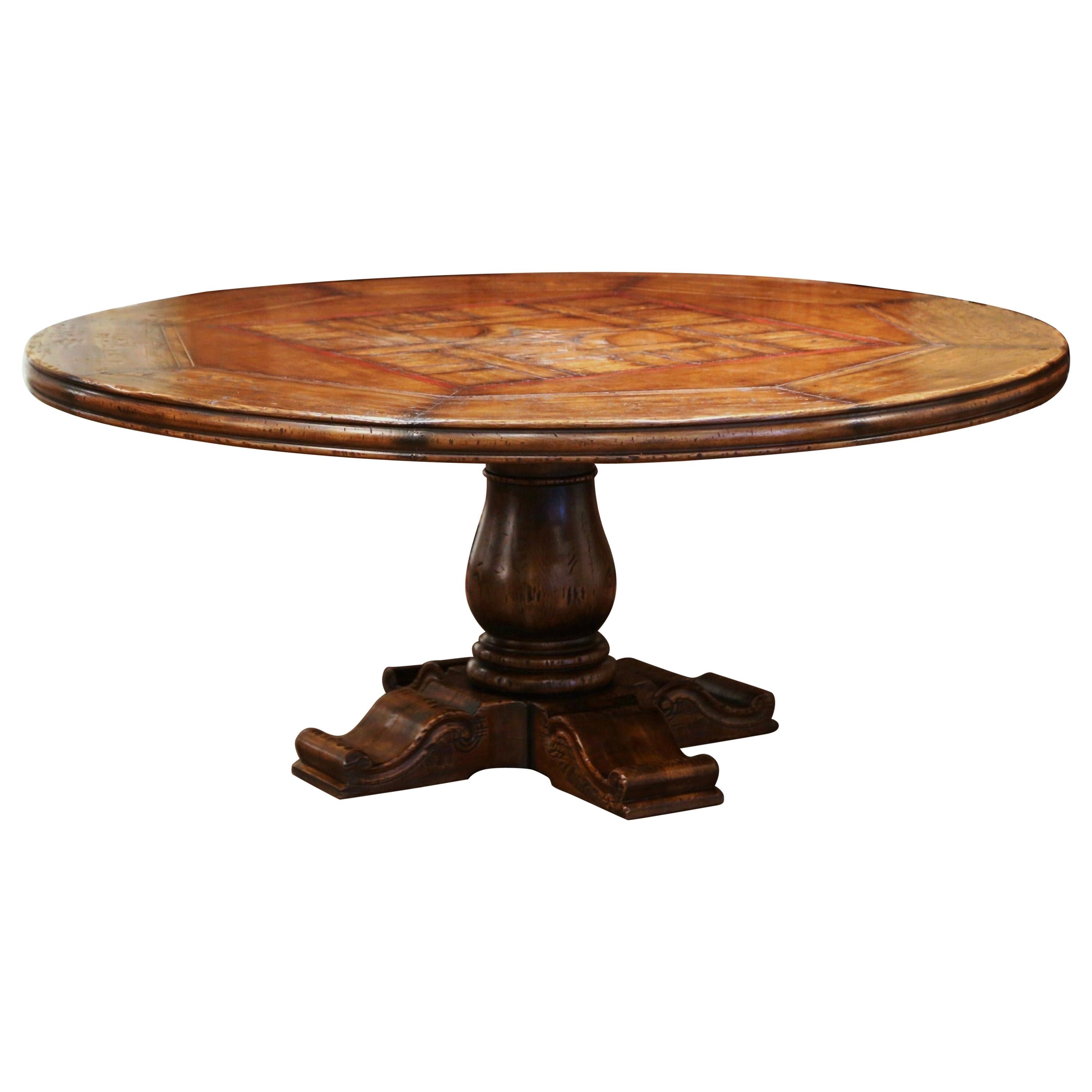 Mid-Century French Carved Walnut Pedestal Round Dining Table with Parquetry Top