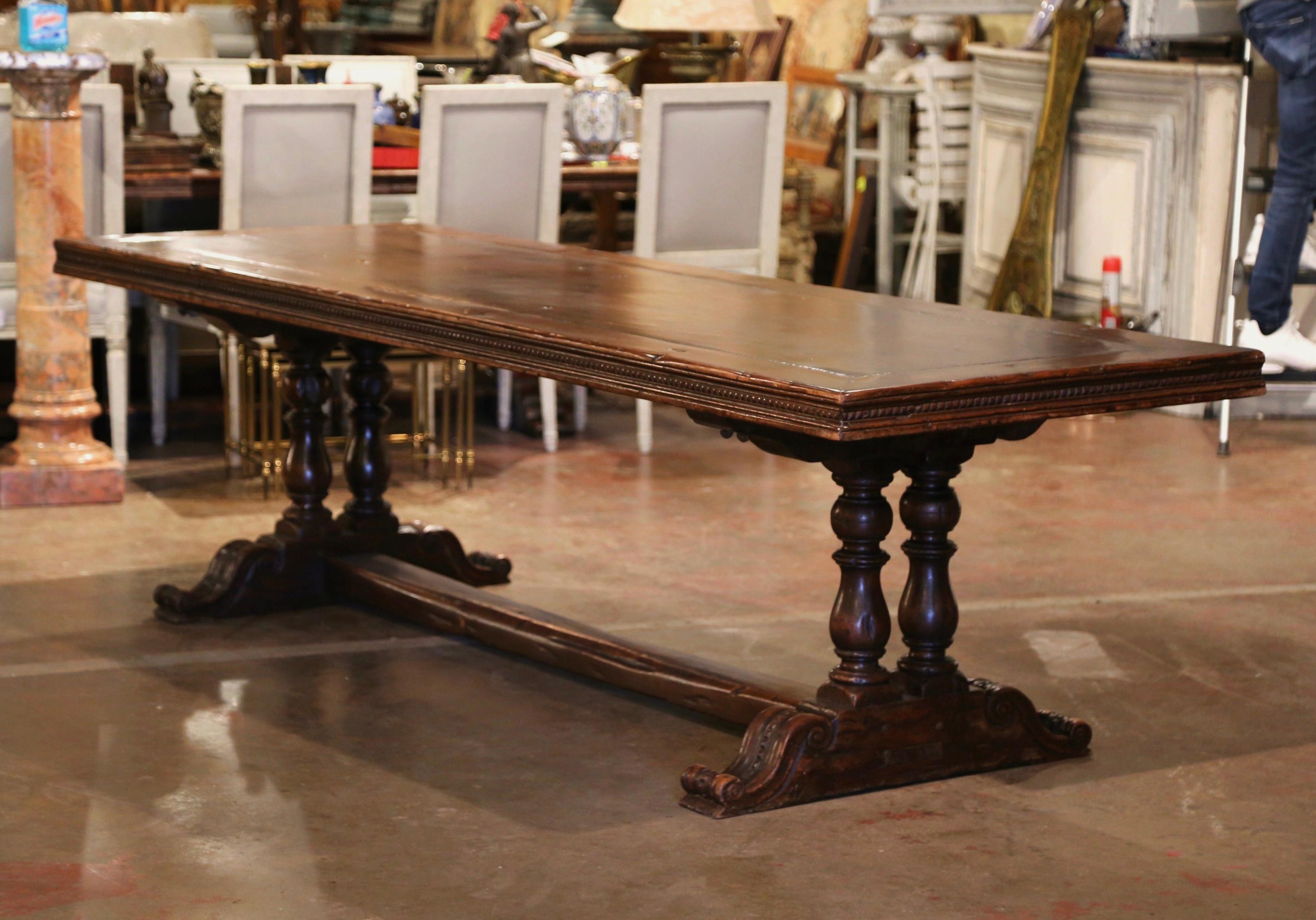 Mid-Century French Carved Walnut Trestle Dining Table from the Pyrenees In Excellent Condition In Dallas, TX