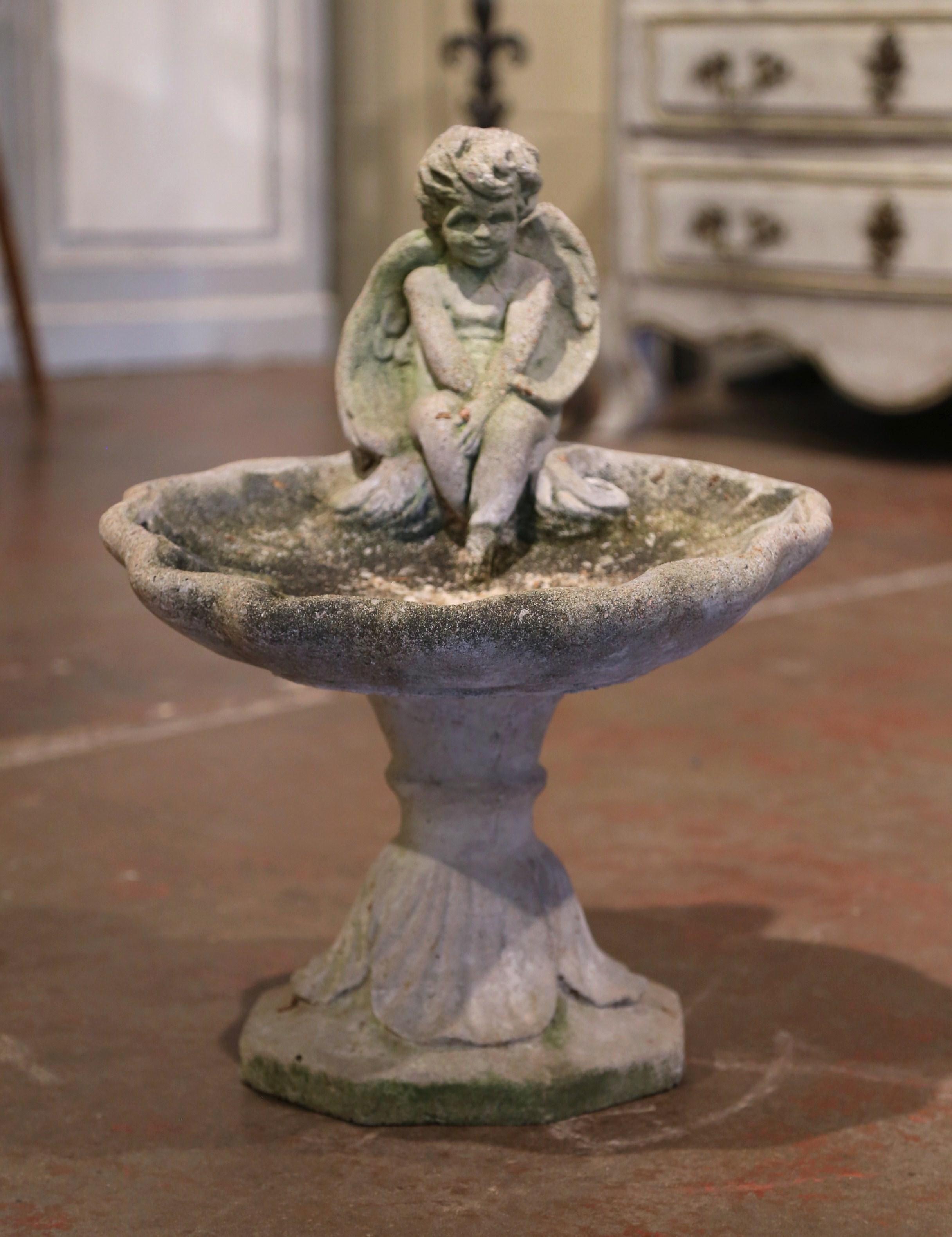 Neoclassical Midcentury French Carved Weathered Concrete Bird Feeder Sculpture with Cherub