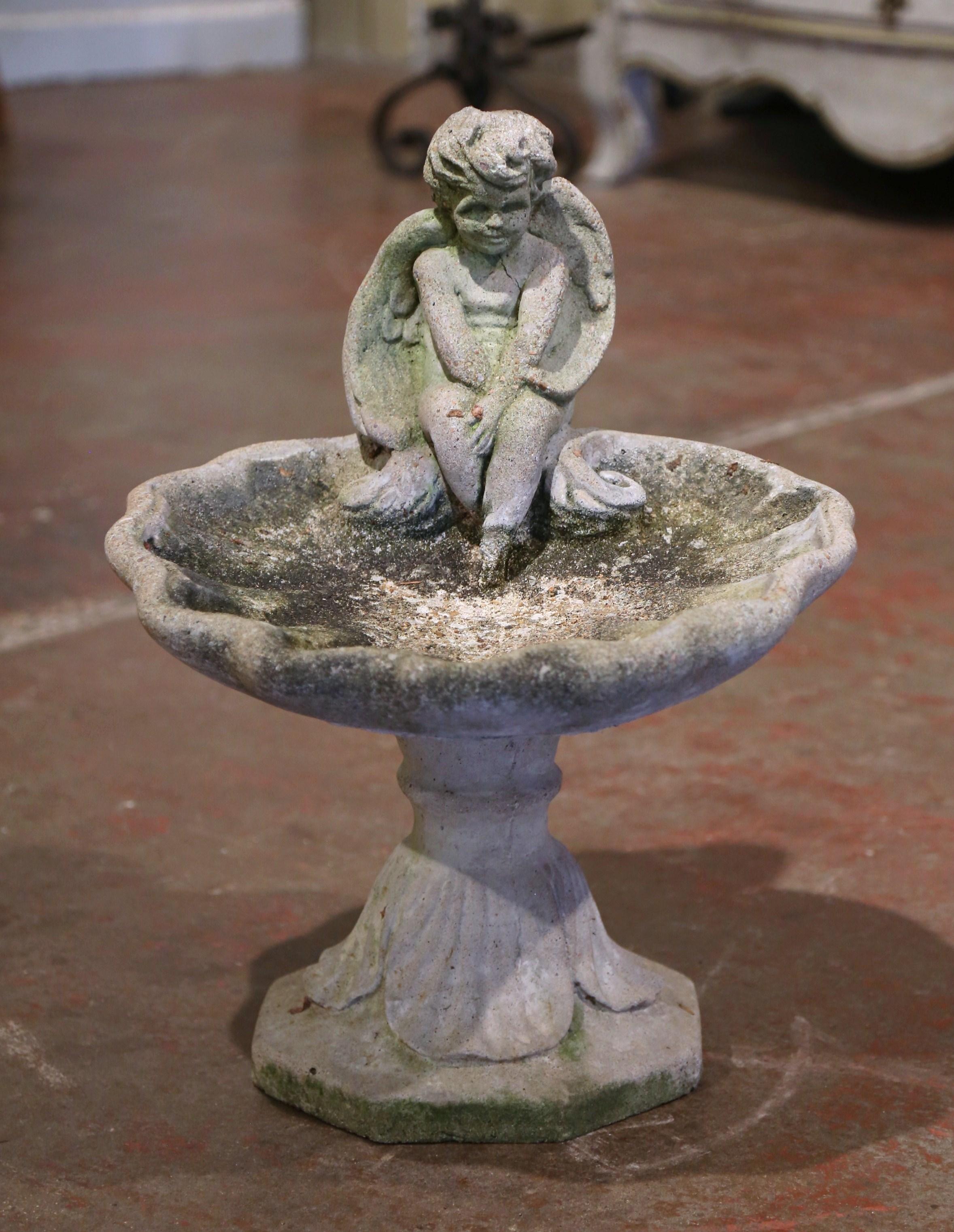 Patinated Midcentury French Carved Weathered Concrete Bird Feeder Sculpture with Cherub