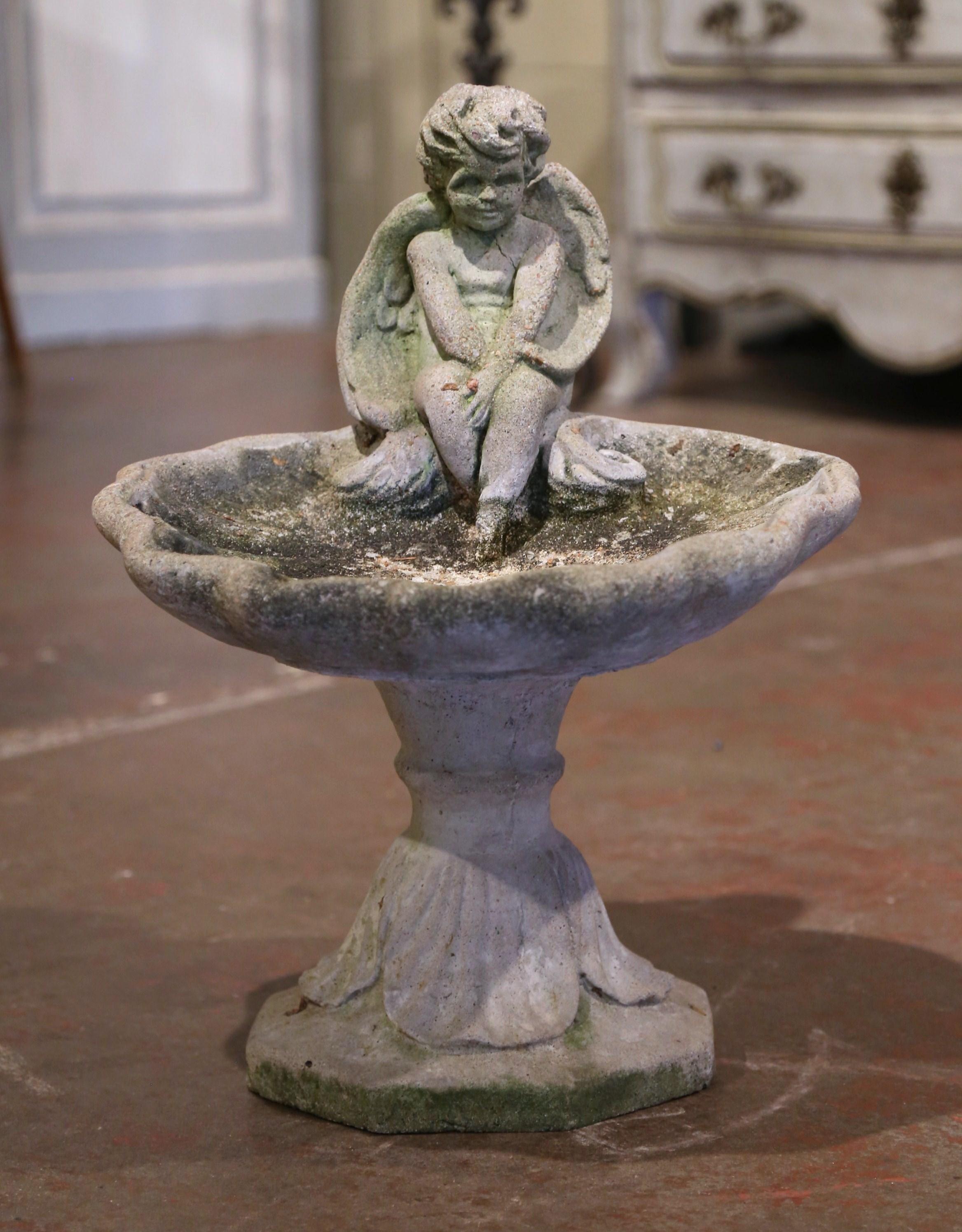 Midcentury French Carved Weathered Concrete Bird Feeder Sculpture with Cherub In Excellent Condition In Dallas, TX