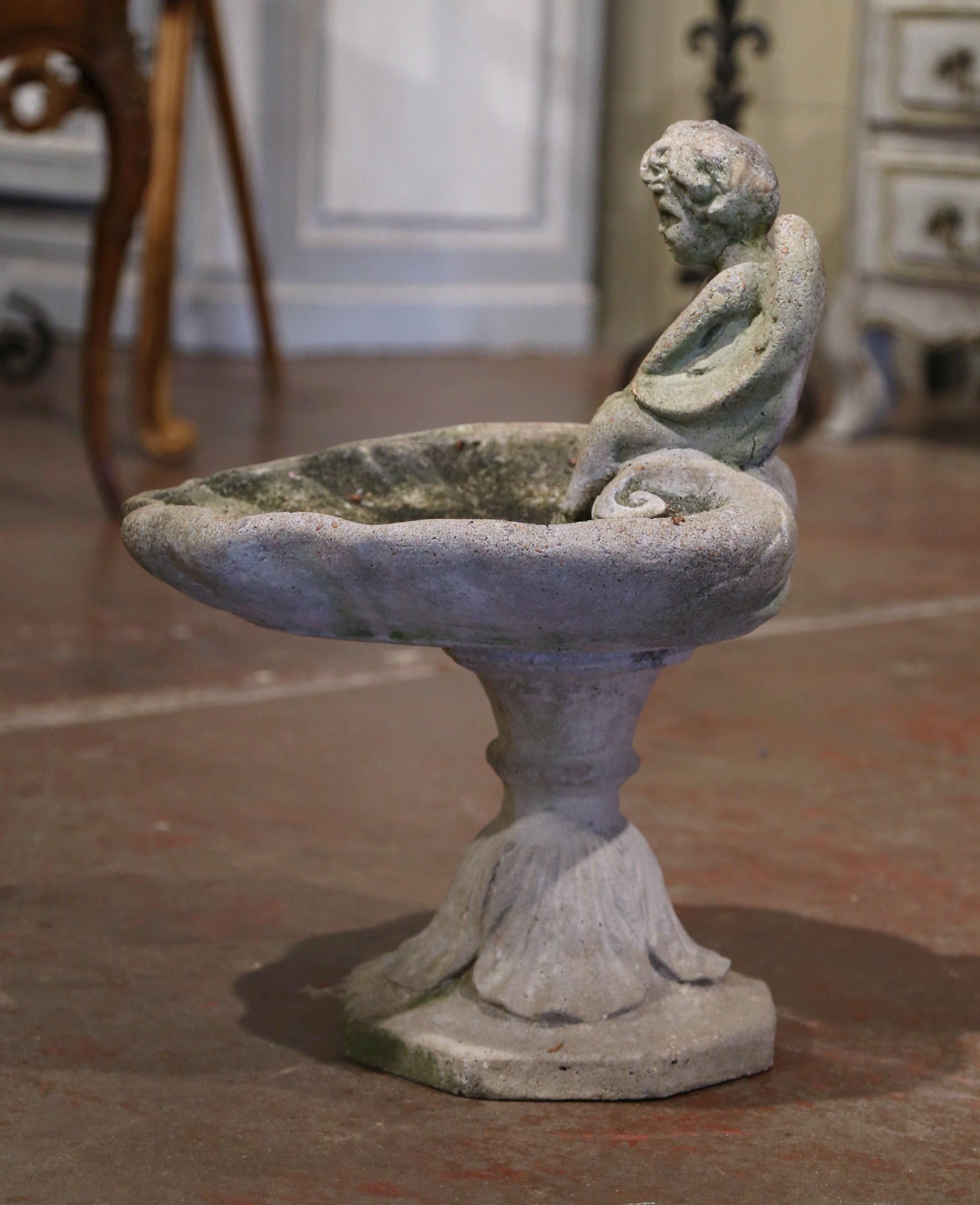 20th Century Midcentury French Carved Weathered Concrete Bird Feeder Sculpture with Cherub