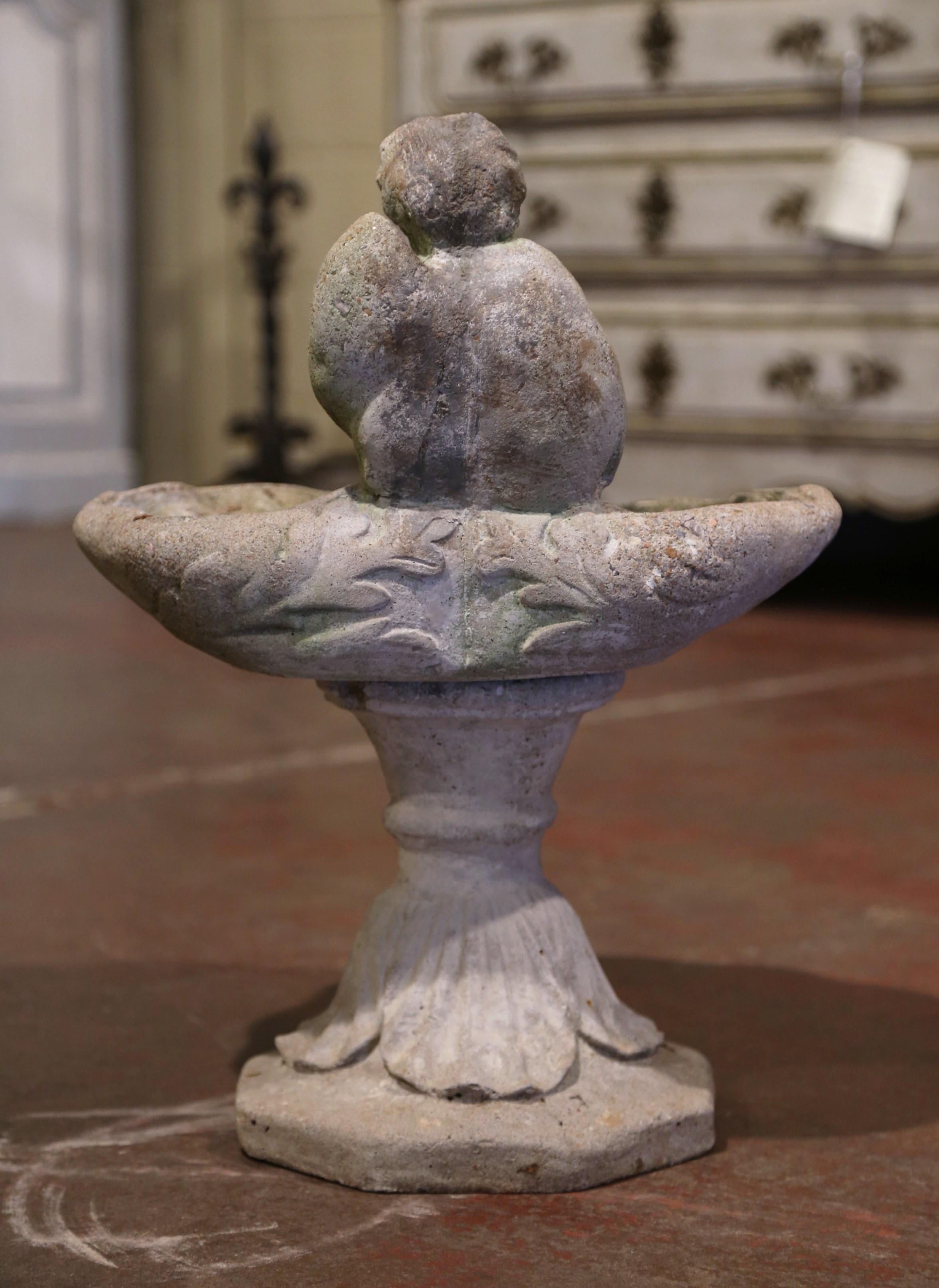 Midcentury French Carved Weathered Concrete Bird Feeder Sculpture with Cherub 1
