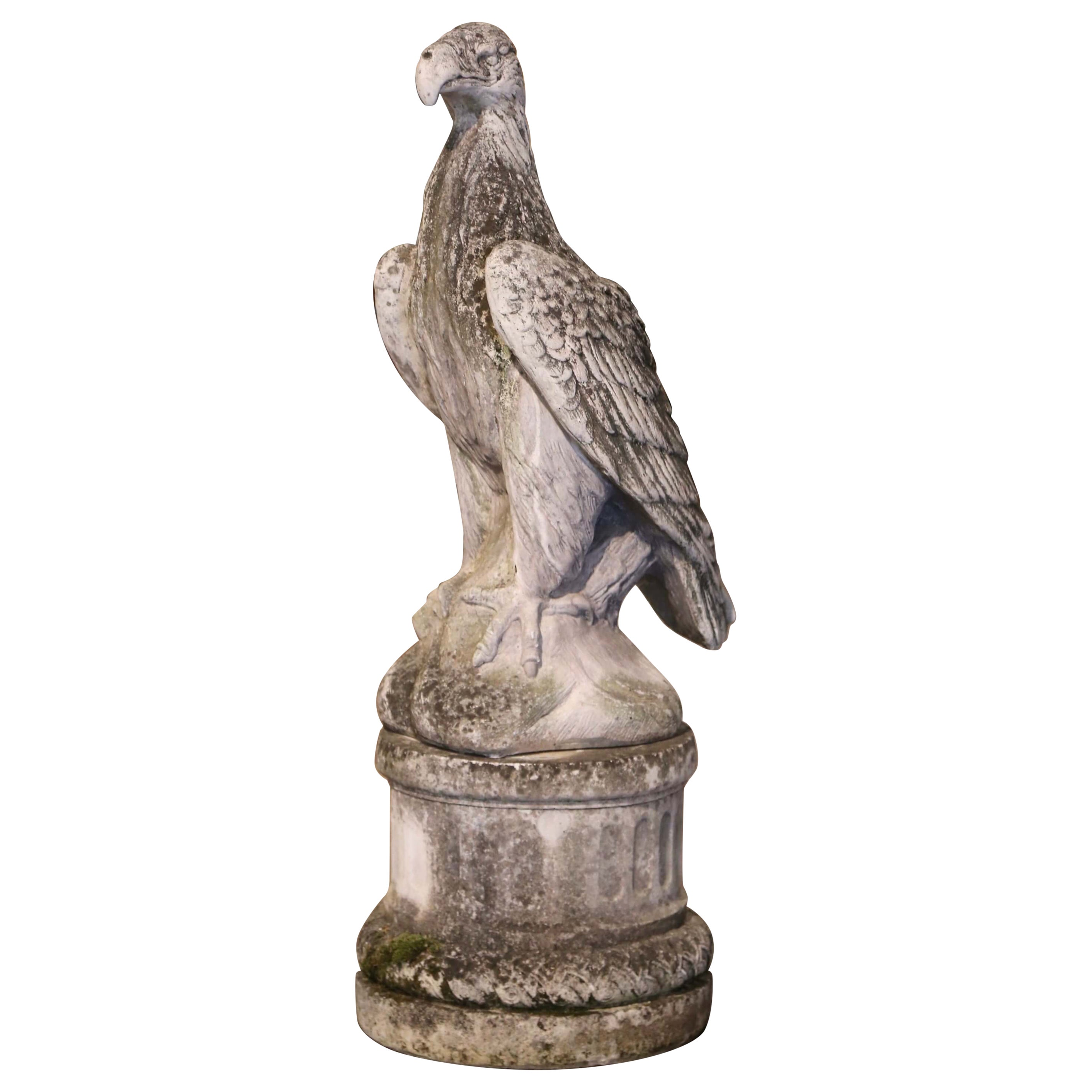 Mid Century French Cast Stone Eagle Garden Sculpture on Pedestal