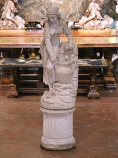 Mid-Century French Cast Stone Garden Figure of Woman at Well on Fluted Pedestal