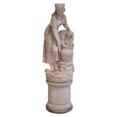 Mid-Century French Cast Stone Garden Figure of Woman at Well on Fluted Pedestal