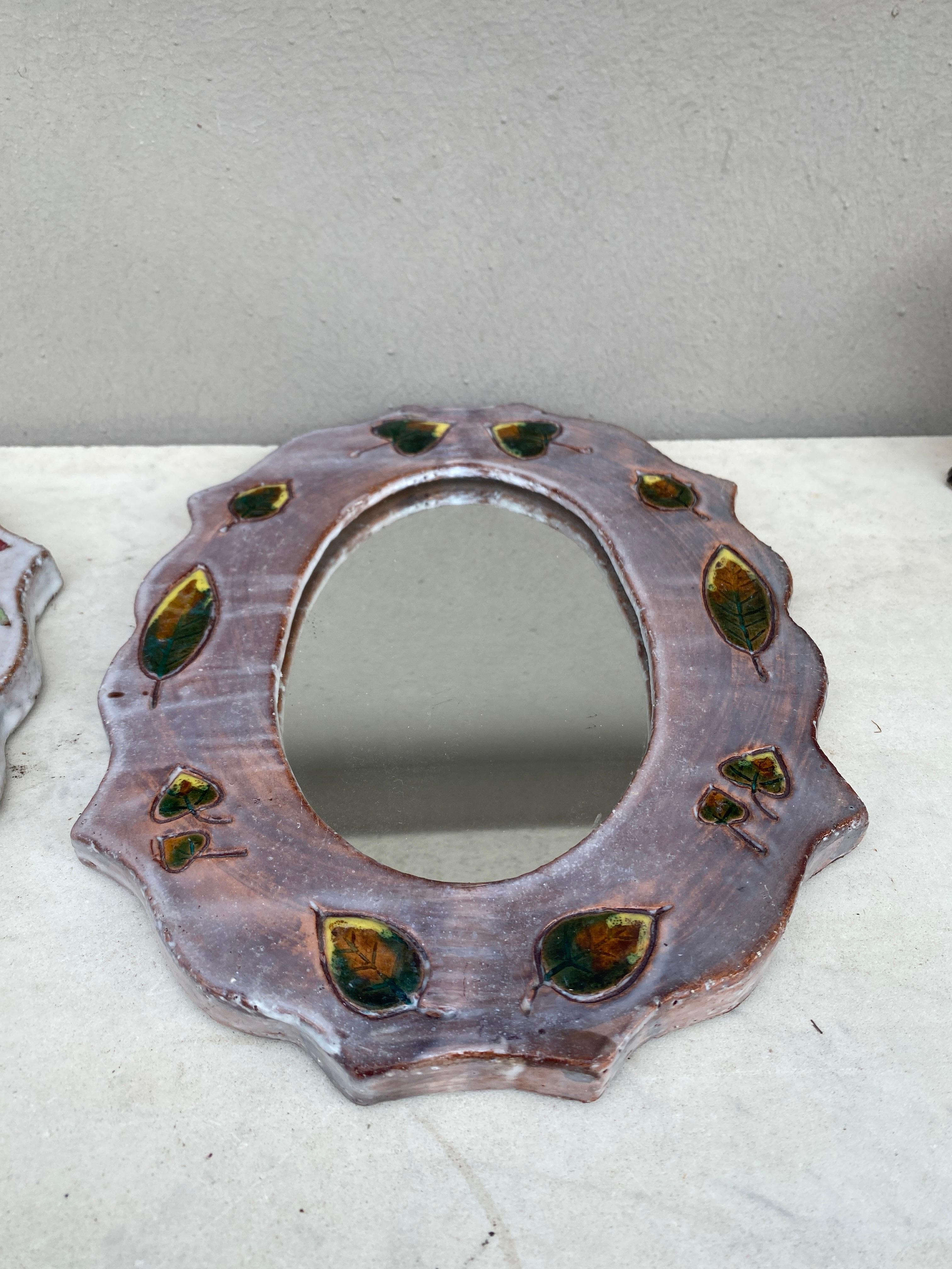 Mid-Century Modern Mid-Century French Ceramic Blue Leaves Oval Mirror  For Sale