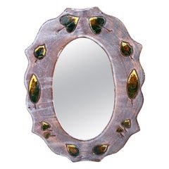 Mid-Century French Ceramic Blue Leaves Oval Mirror