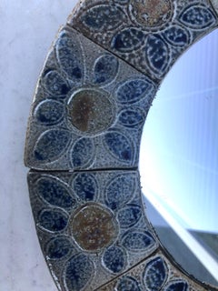 Mid-Century French Ceramic Blue Tiles Floral Mirror