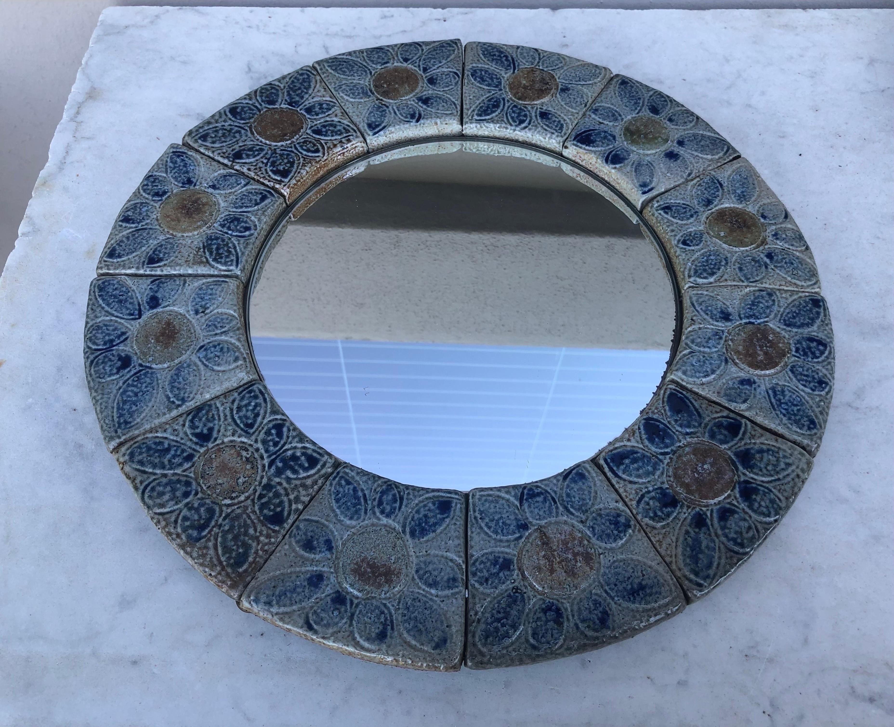 Mid-Century Modern Mid-Century French Ceramic Blue Tiles Floral Mirror For Sale