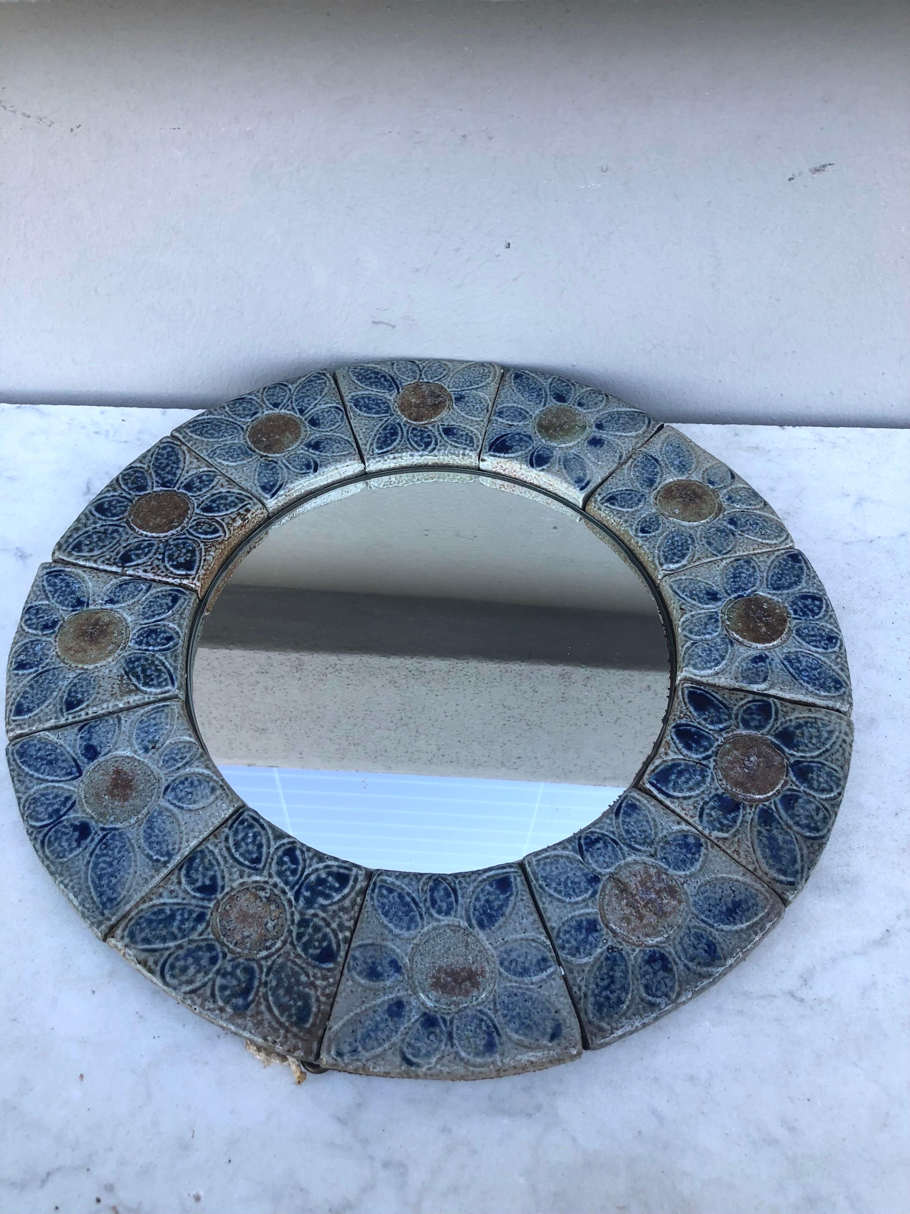 Mid-20th Century Mid-Century French Ceramic Blue Tiles Floral Mirror For Sale
