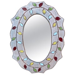 Mid-Century French Ceramic Leaves Oval Mirror
