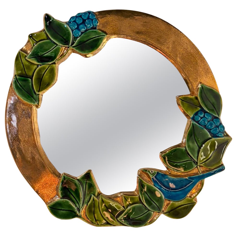 Mid-Century French Ceramic Mirror with Bird and Foliage by Mithé Espelt, c. 1970 For Sale