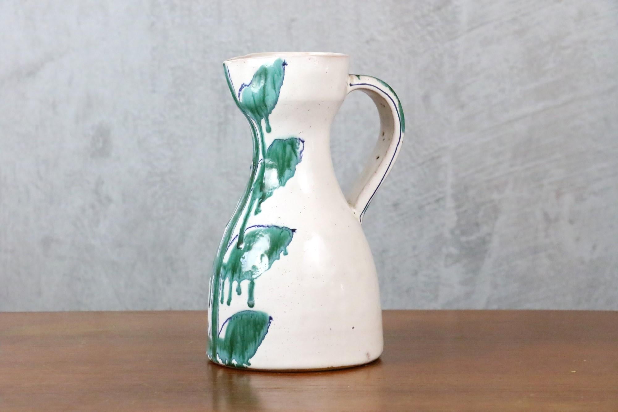 Enameled Mid-century French Ceramic Pitcher by Naumovitch Gourju - Grand Chêne, Vallauris For Sale