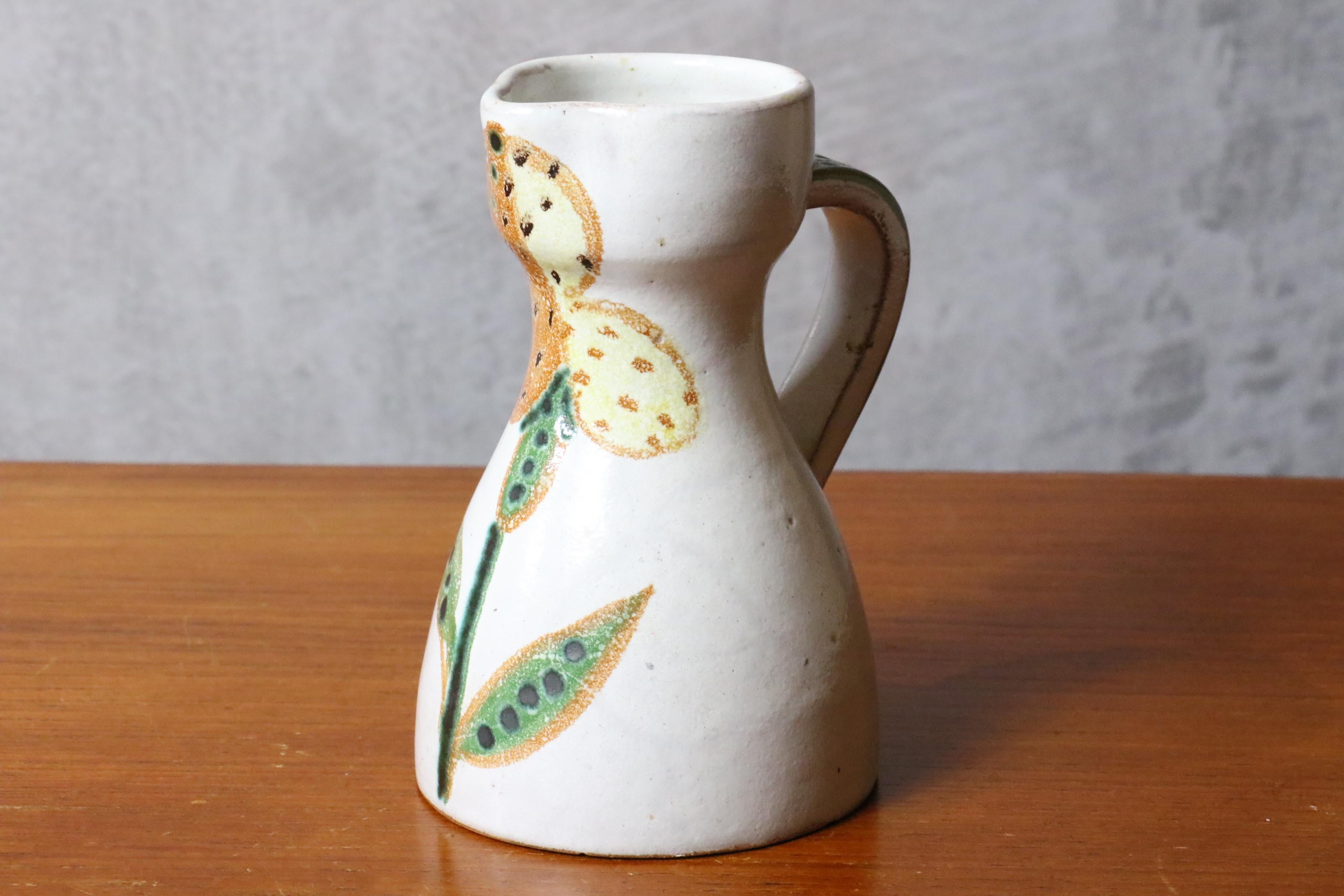 Enamel Mid-Century French Ceramic Pitcher by Naumovitch Gourju, Grand Chêne, Vallauris For Sale