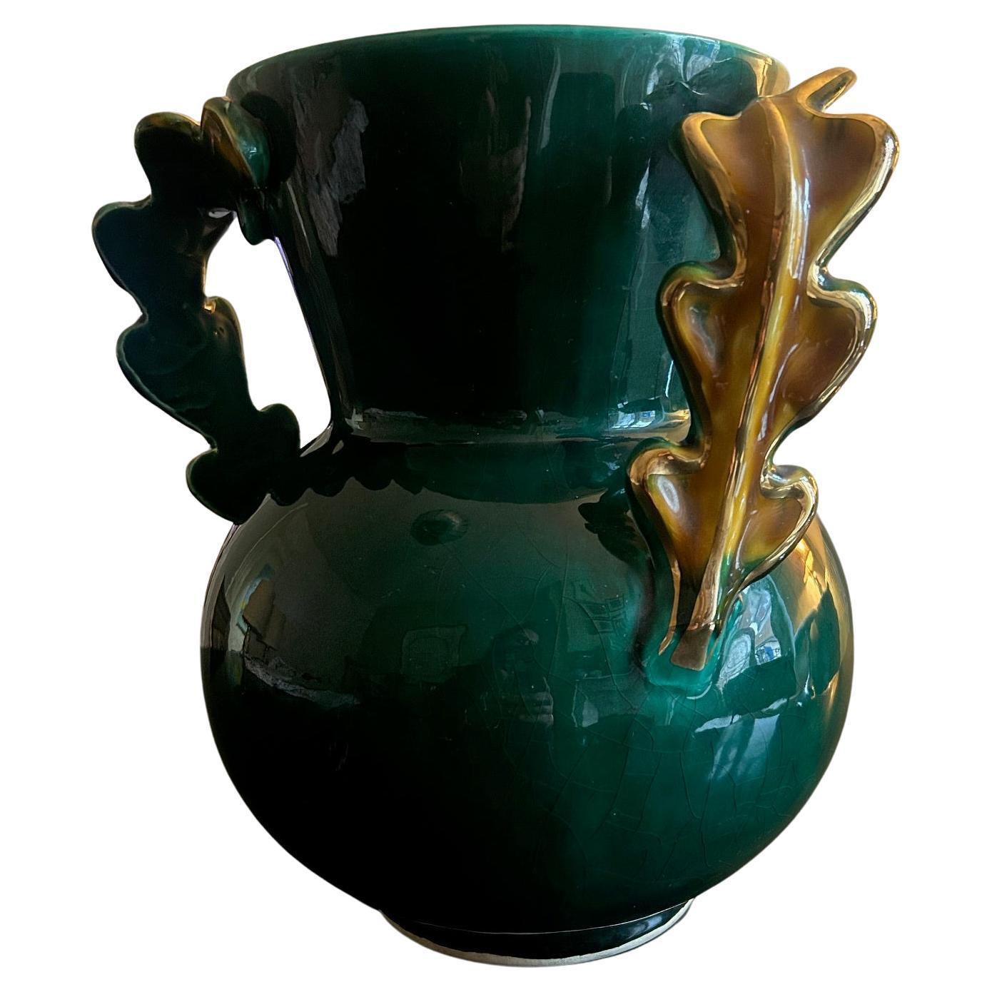 Mid-Century French Ceramic Vase, Green Glaze, Gilt Handles, Circa 1950