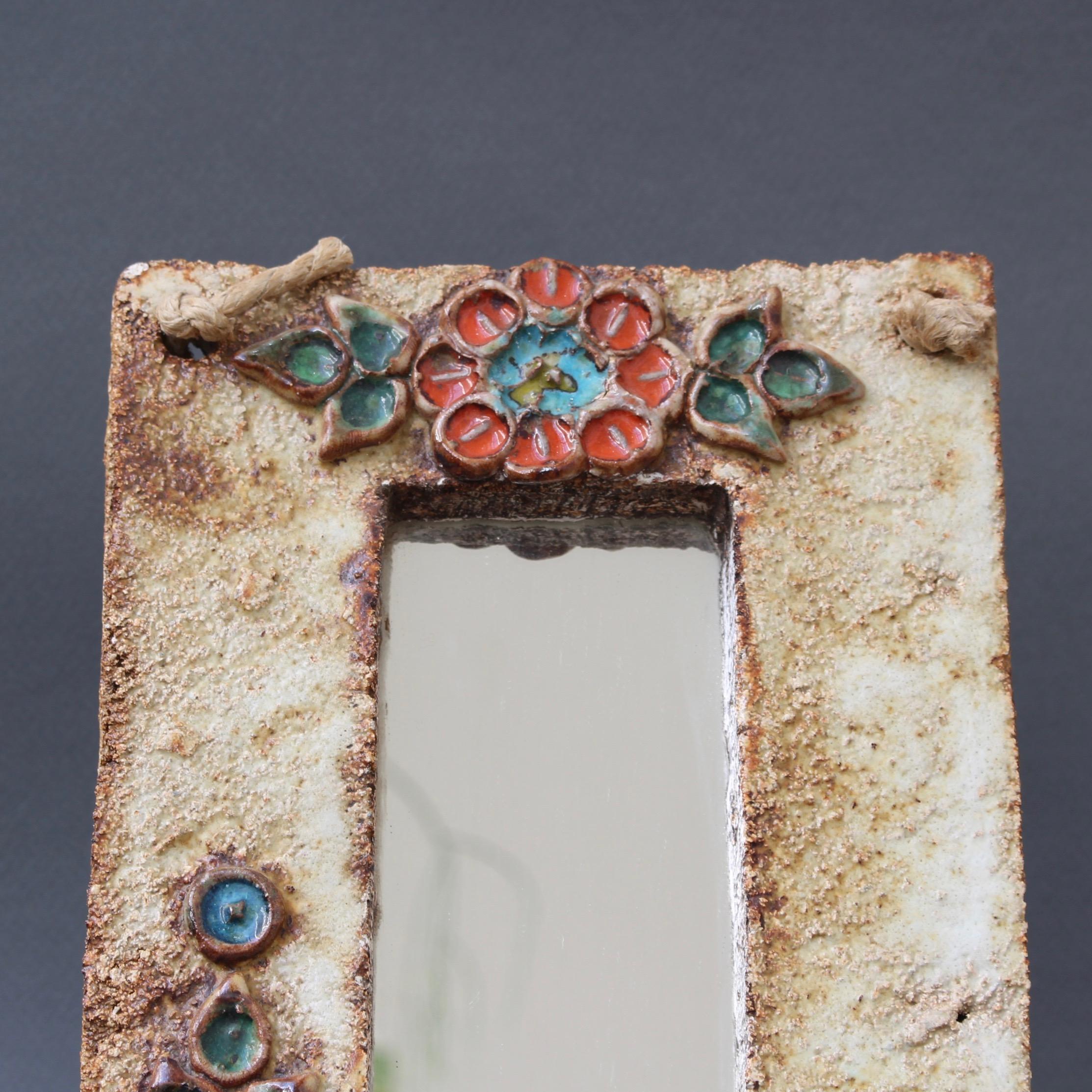 Midcentury French Ceramic Wall Mirror with Flower Motif by La Roue, circa 1960s 5