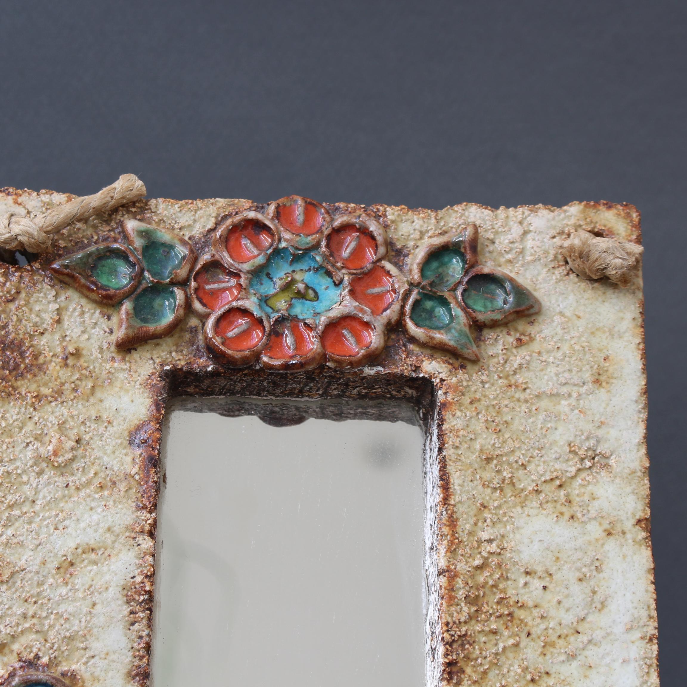 Midcentury French Ceramic Wall Mirror with Flower Motif by La Roue, circa 1960s 6