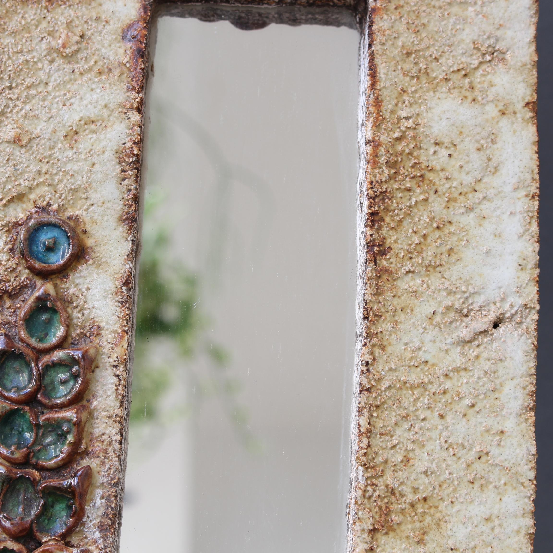 Midcentury French Ceramic Wall Mirror with Flower Motif by La Roue, circa 1960s 8