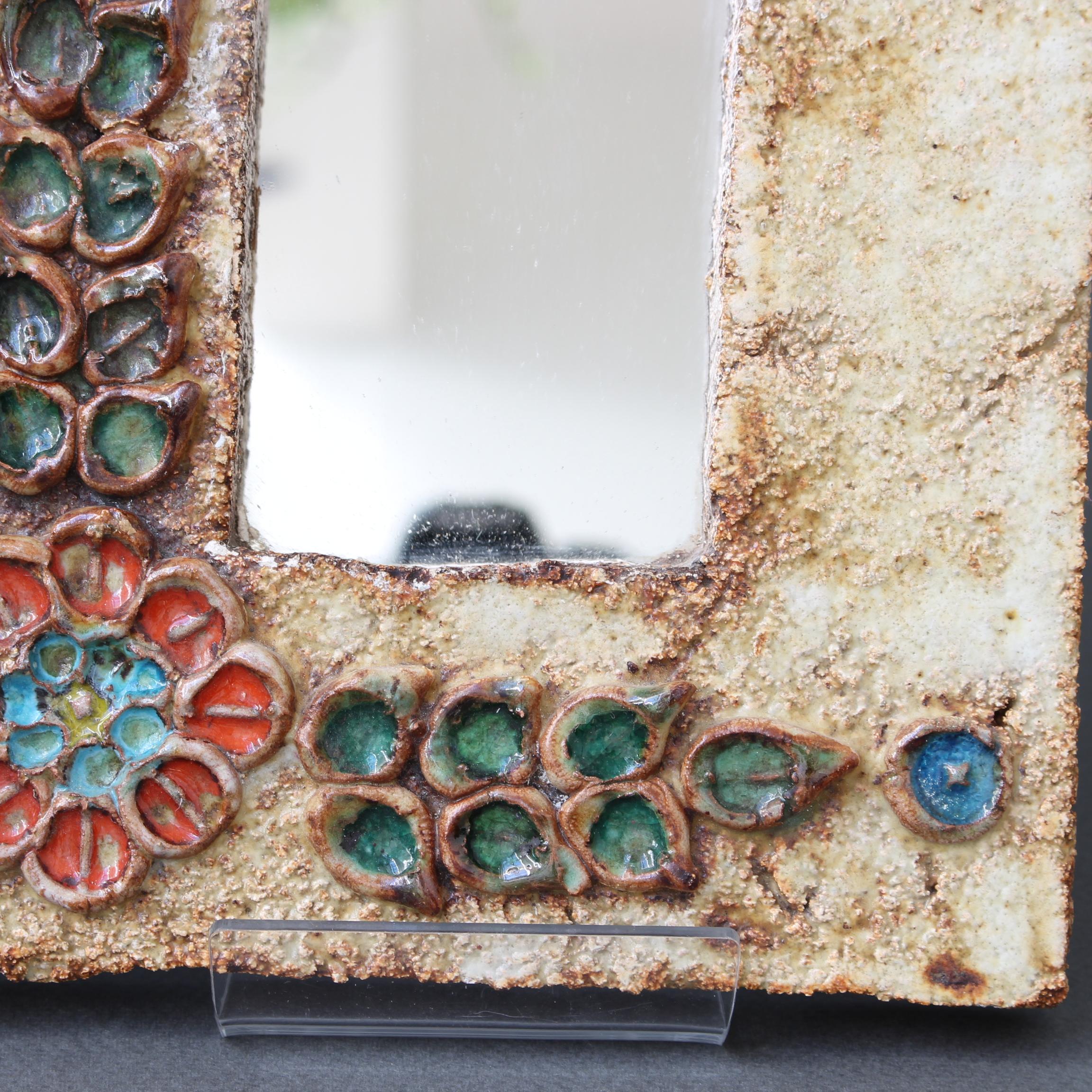Midcentury French Ceramic Wall Mirror with Flower Motif by La Roue, circa 1960s 9