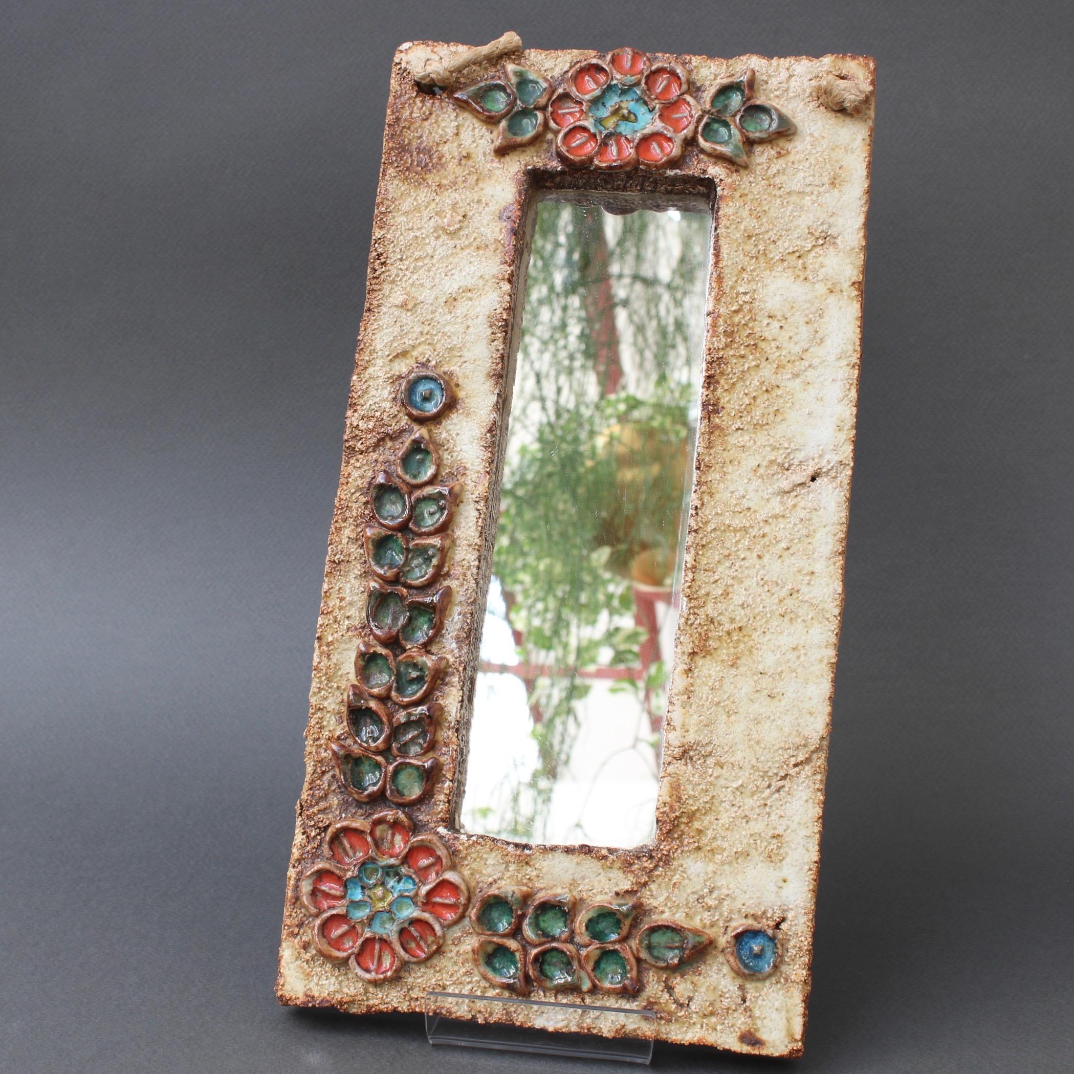 Midcentury French Ceramic Wall Mirror with Flower Motif by La Roue, circa 1960s 10