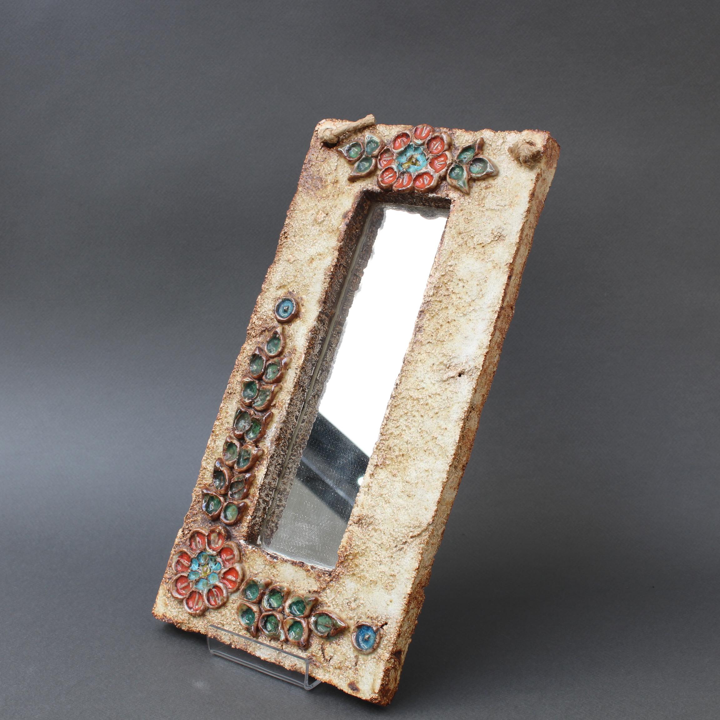 Midcentury French Ceramic Wall Mirror with Flower Motif by La Roue, circa 1960s 11