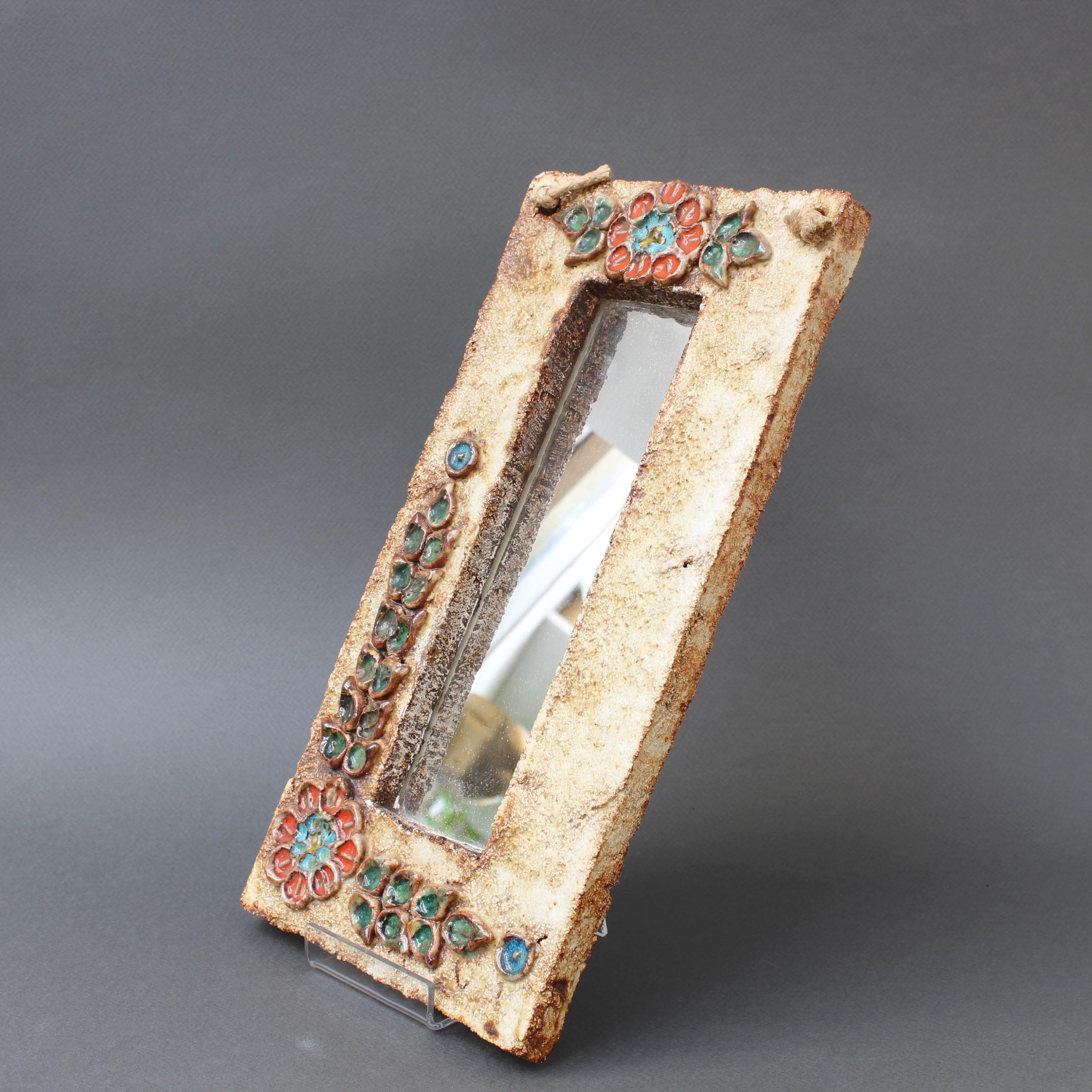 Rustic Midcentury French Ceramic Wall Mirror with Flower Motif by La Roue, circa 1960s