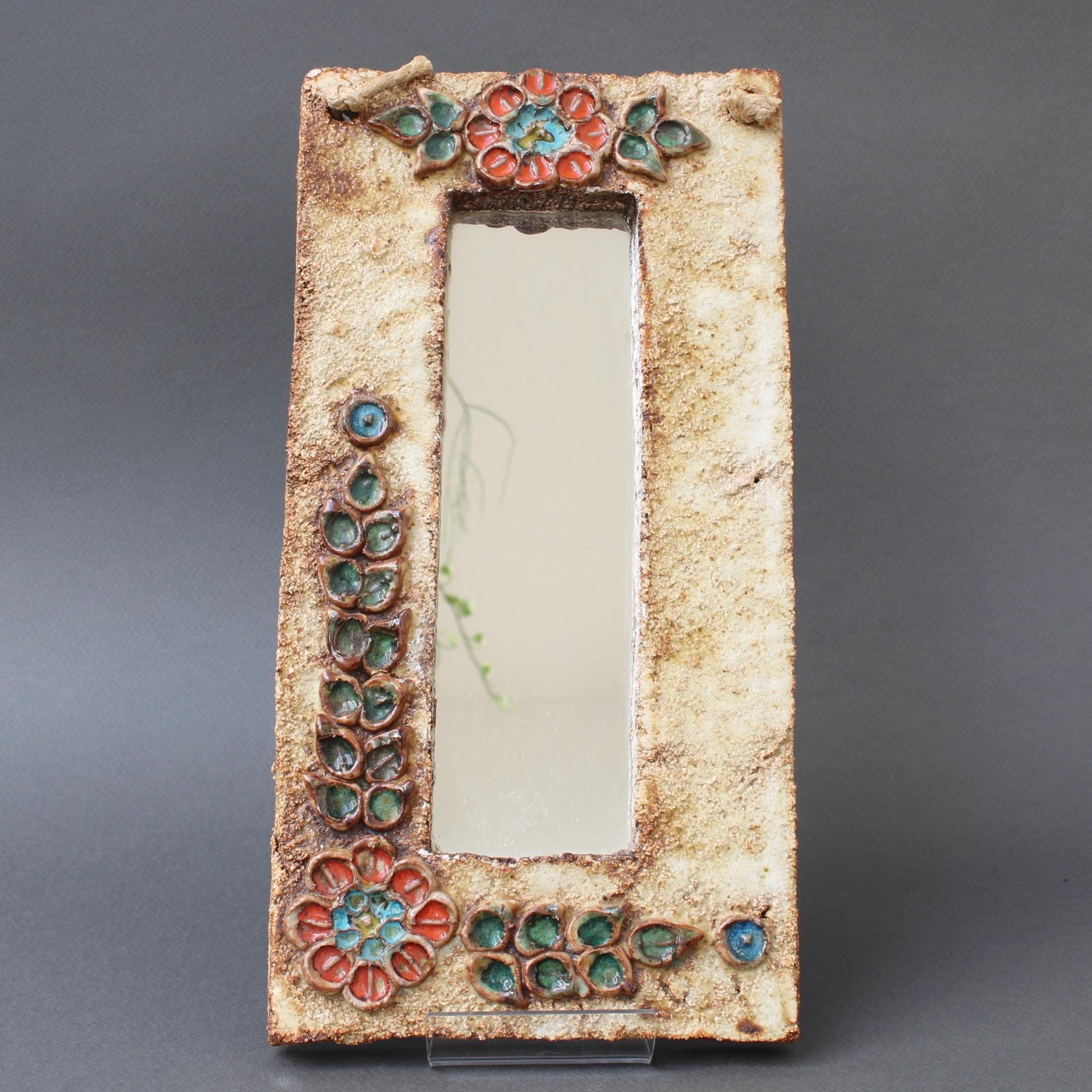 Midcentury French Ceramic Wall Mirror with Flower Motif by La Roue, circa 1960s 2