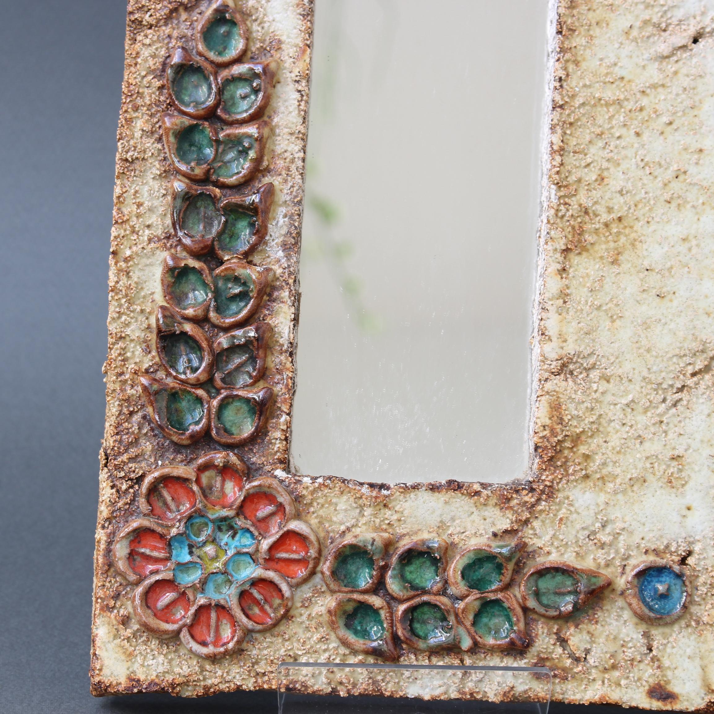 Midcentury French Ceramic Wall Mirror with Flower Motif by La Roue, circa 1960s 3