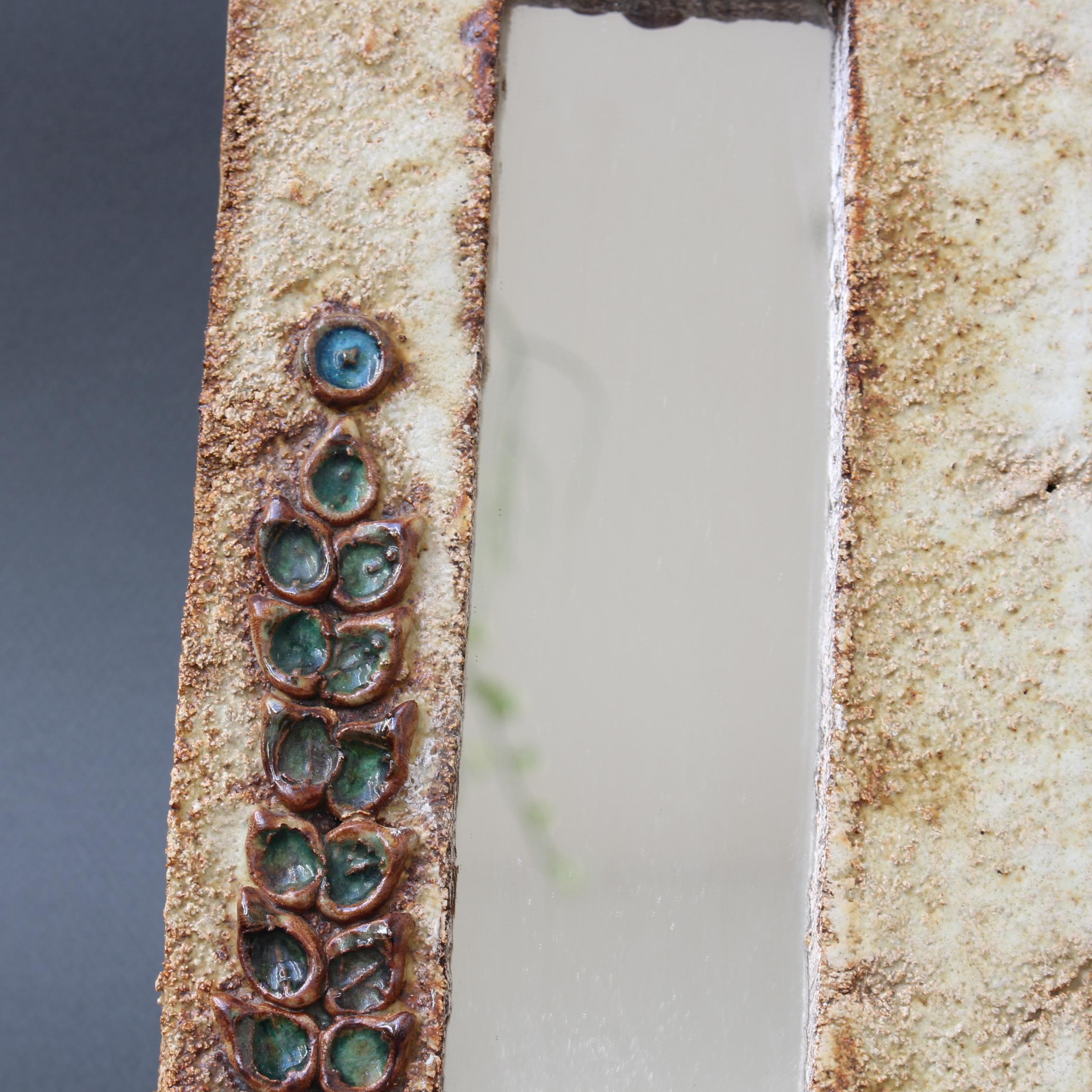 Midcentury French Ceramic Wall Mirror with Flower Motif by La Roue, circa 1960s 4