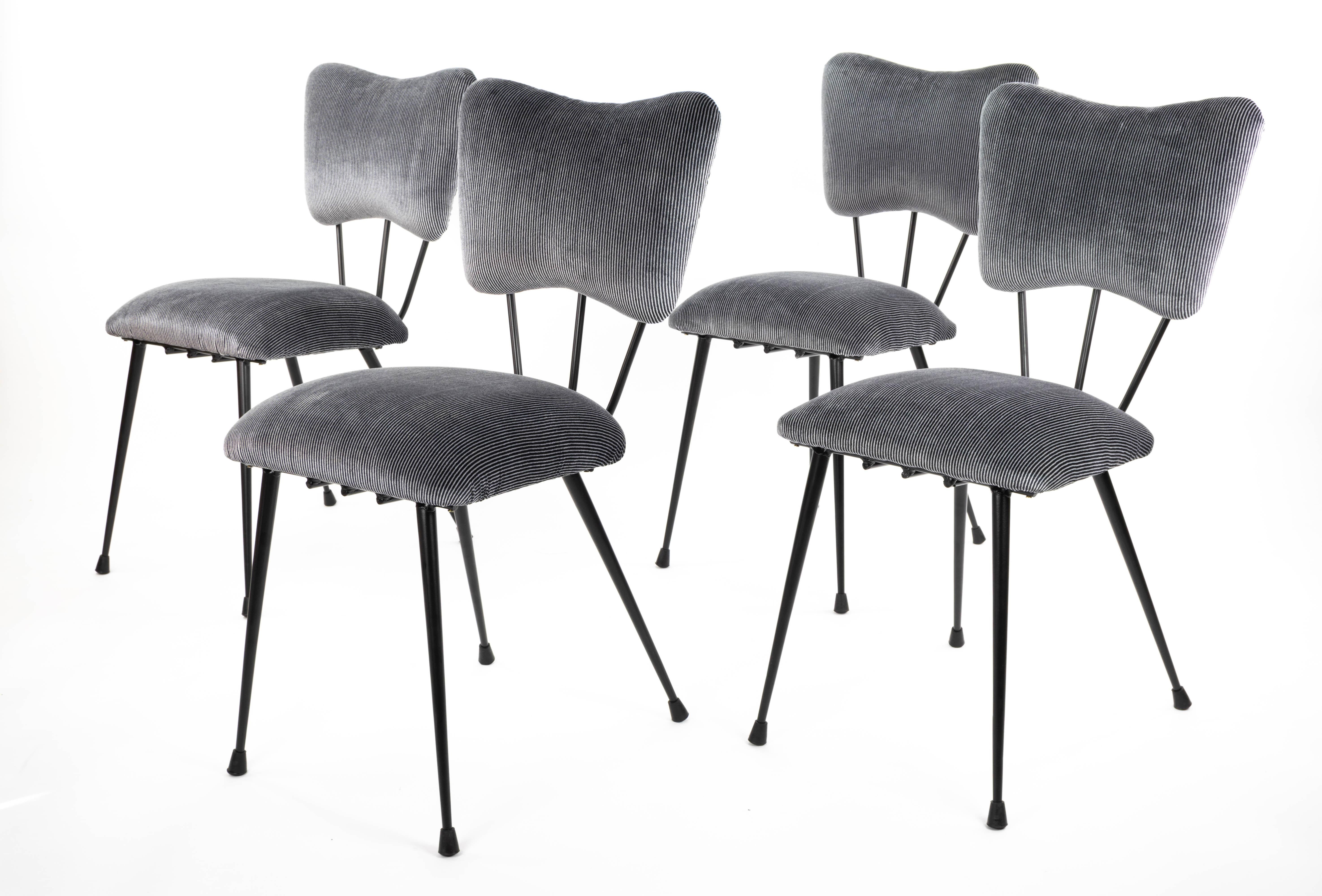 Mid-Century Modern Midcentury French Chairs in Black Lacquered Steel and Striped Upholstery, 1950s