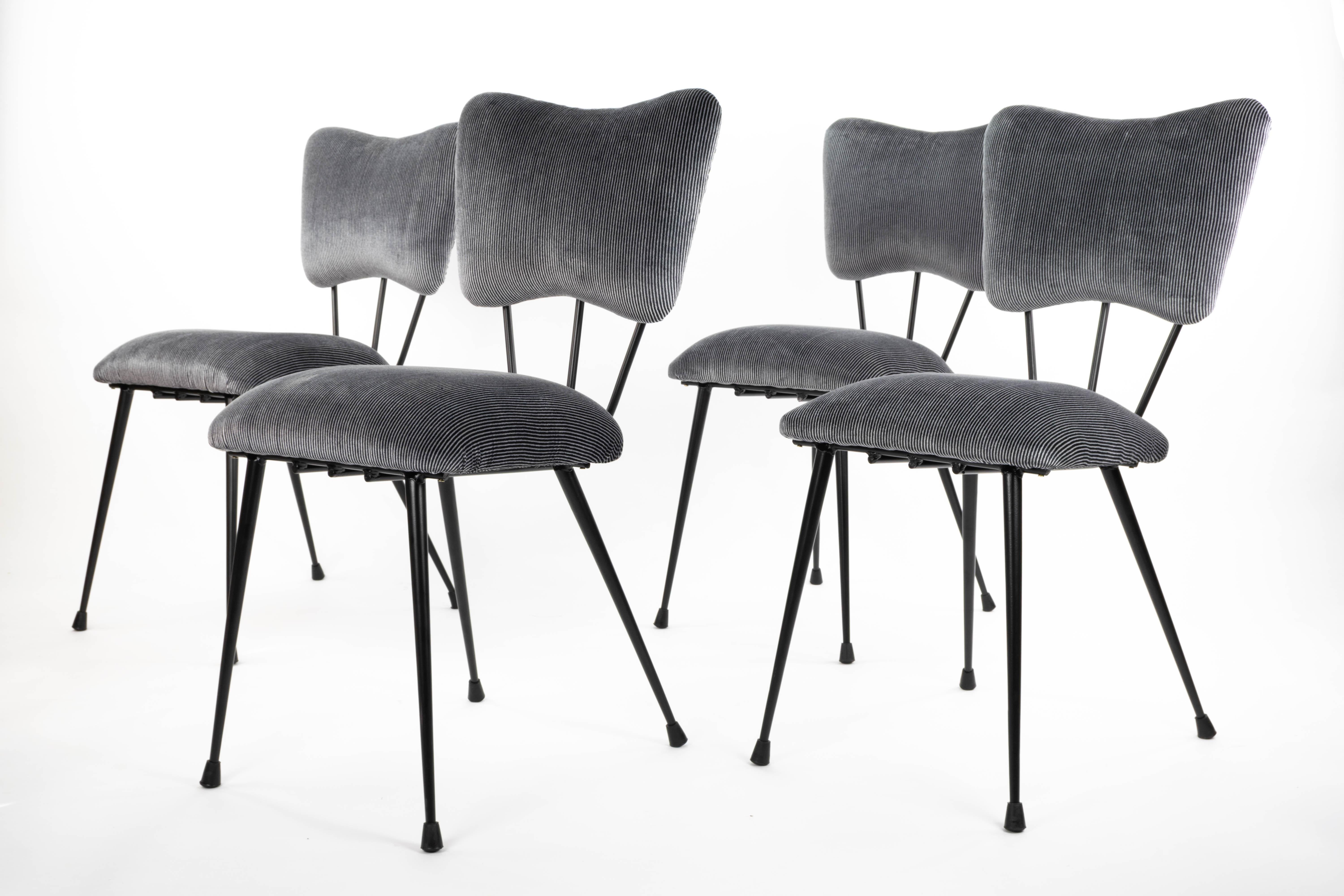 Midcentury French Chairs in Black Lacquered Steel and Striped Upholstery, 1950s In Good Condition In Escalona, Toledo