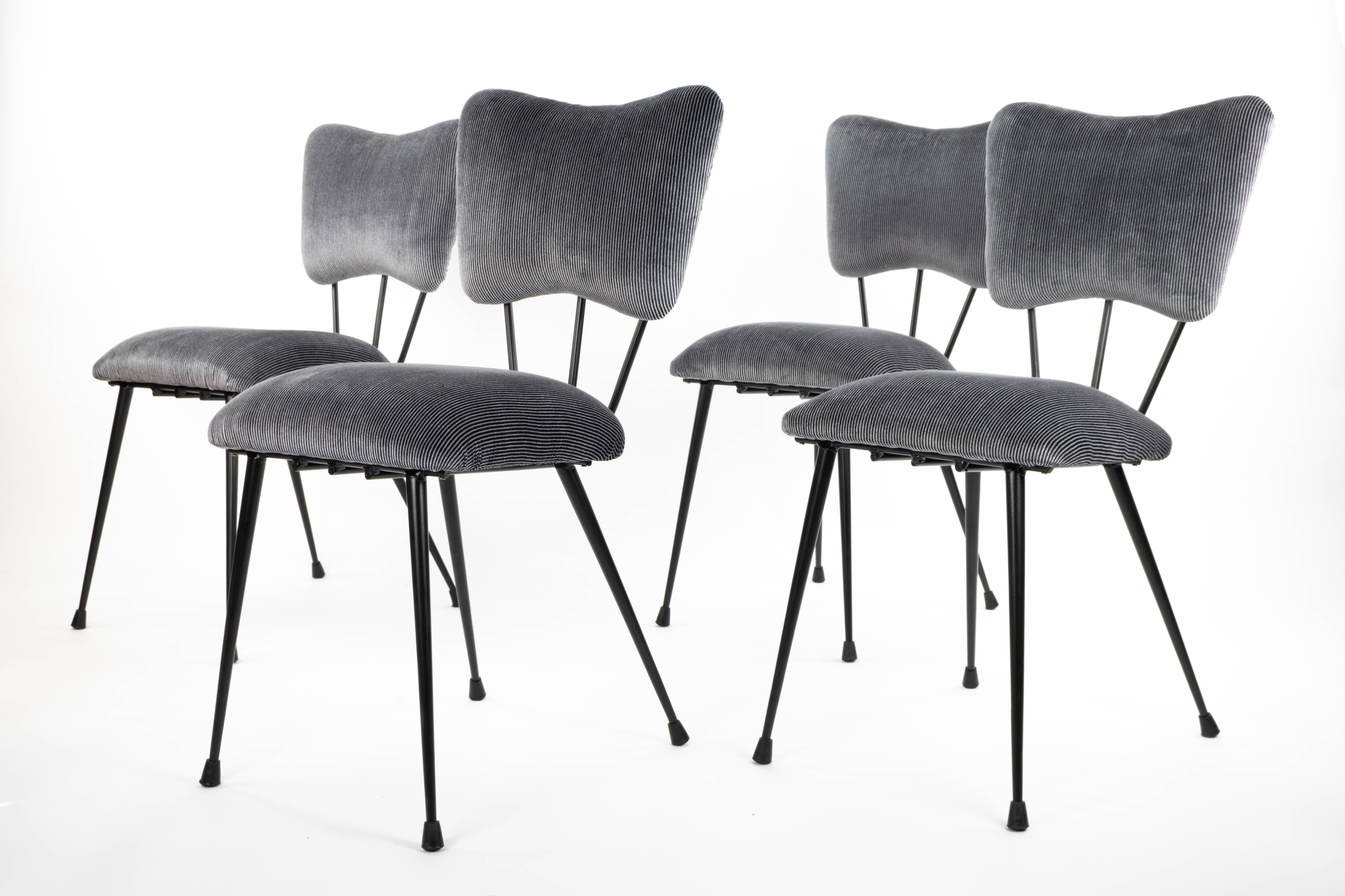 Mid-20th Century Midcentury French Chairs in Black Lacquered Steel and Striped Upholstery, 1950s