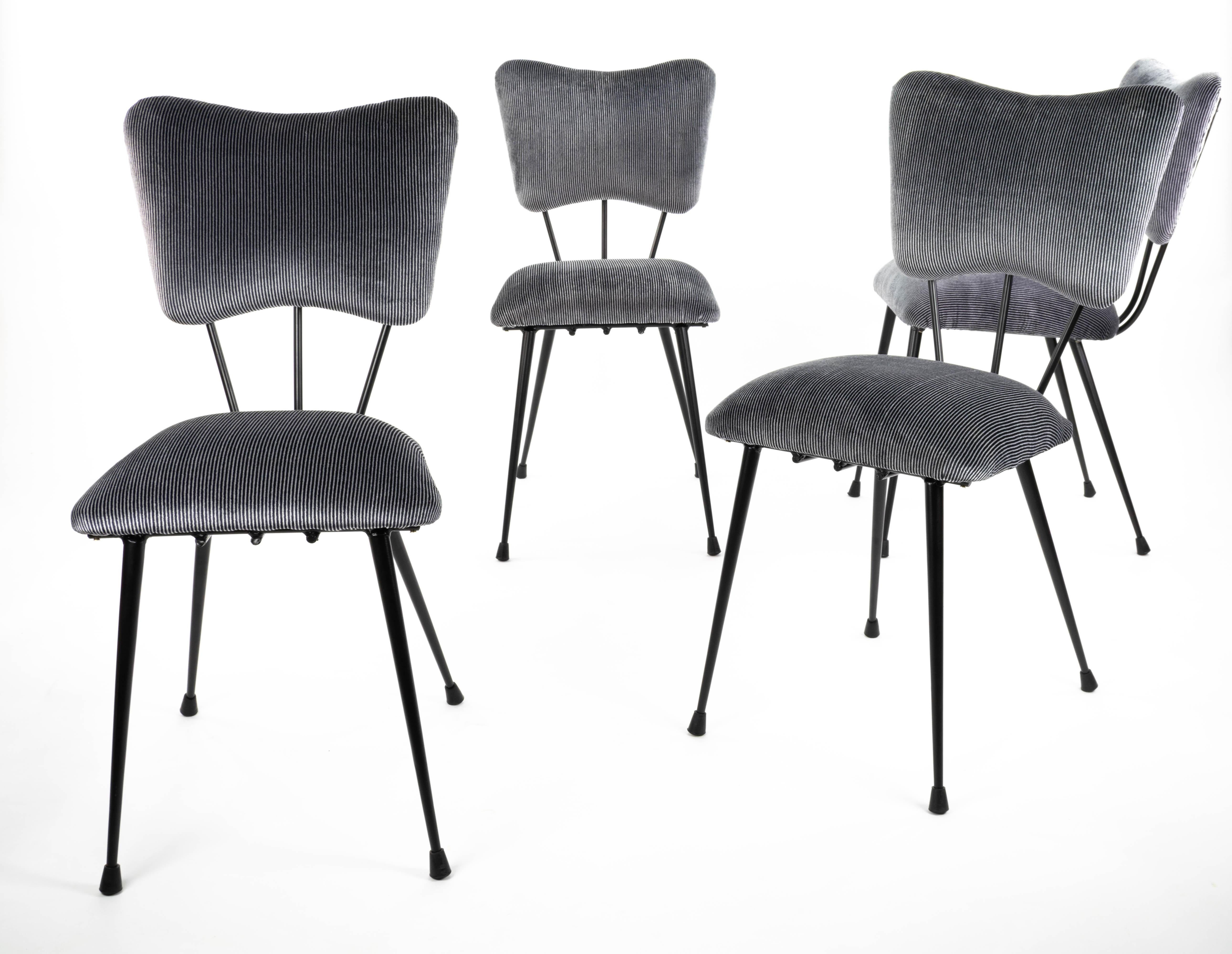 Midcentury French Chairs in Black Lacquered Steel and Striped Upholstery, 1950s 1