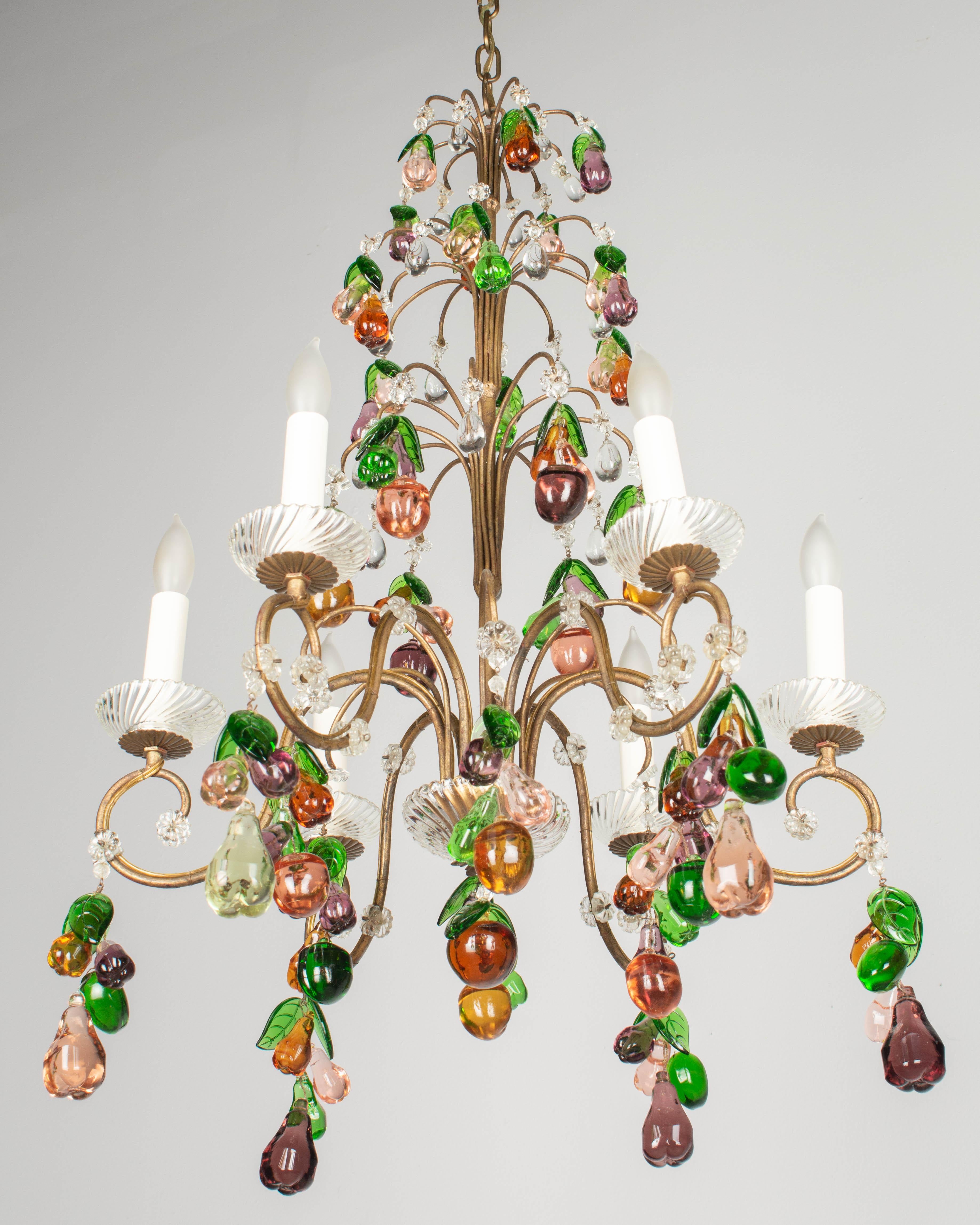 Metal Mid Century Italian Chandelier with Glass Fruits For Sale