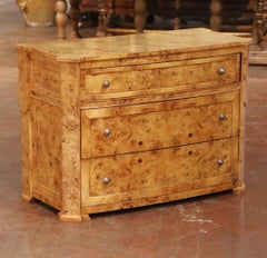 Mid-Century French Charles X Style Burl Elm Three-Drawer Chest Commode